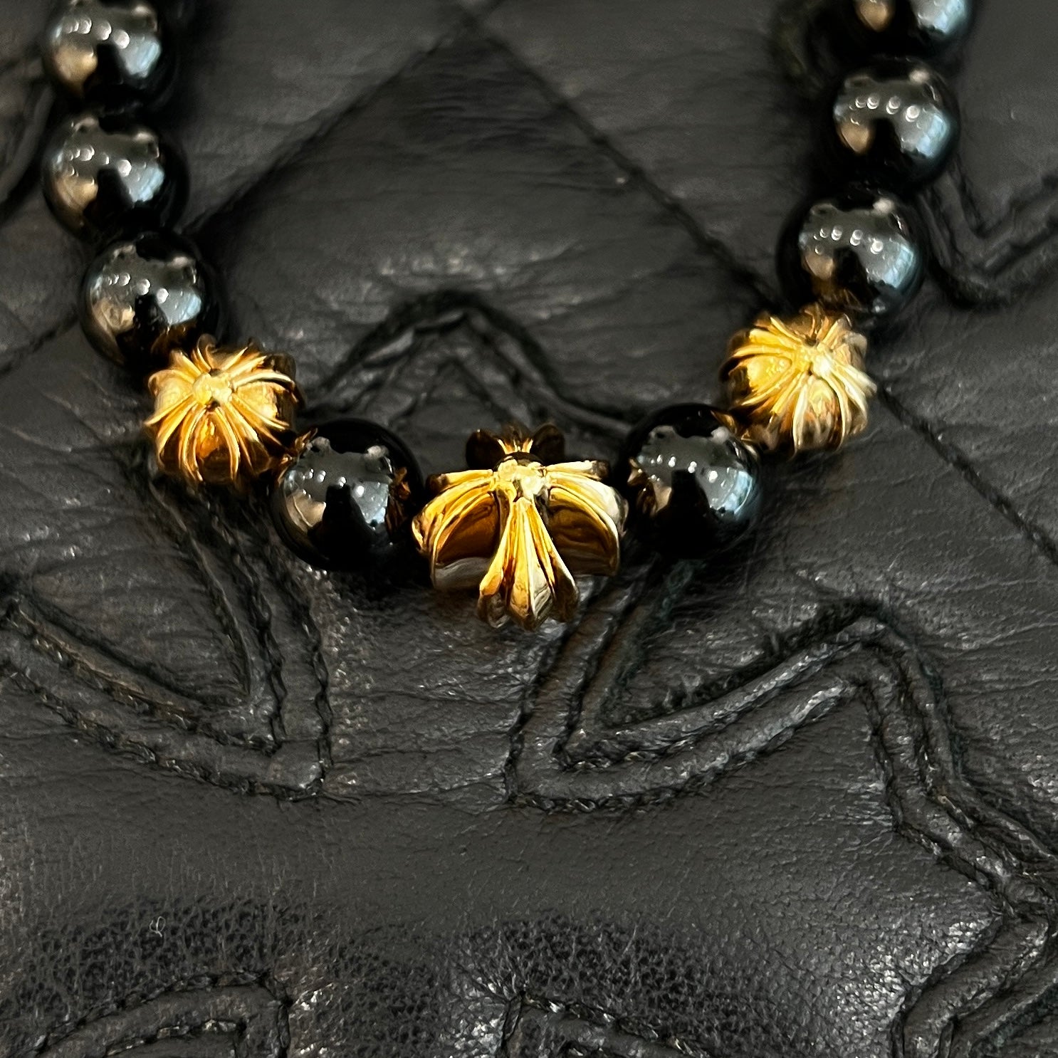 CHROME HEARTS Onyx 22K CH Cross Beads Bracelet Size 8mm クロムハーツ オニキス 22K CHクロス ビーズ ブレスレット サイズ8mm