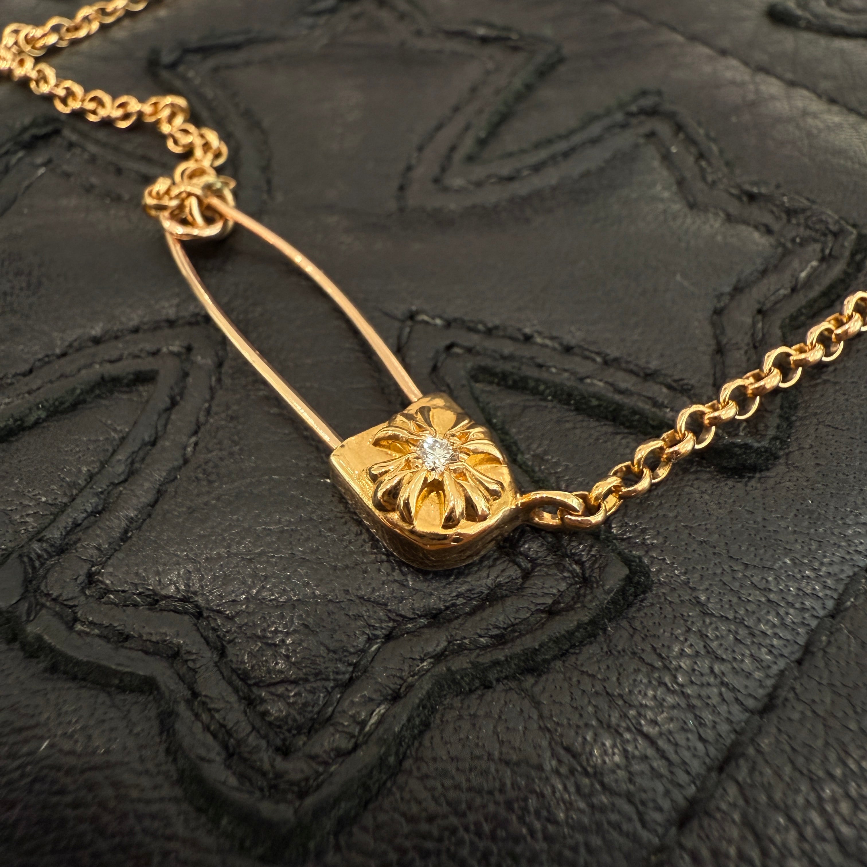 CHROME HEARTS 22K Safety Pin 1 Diamond Roll Chain Necklace Size 18