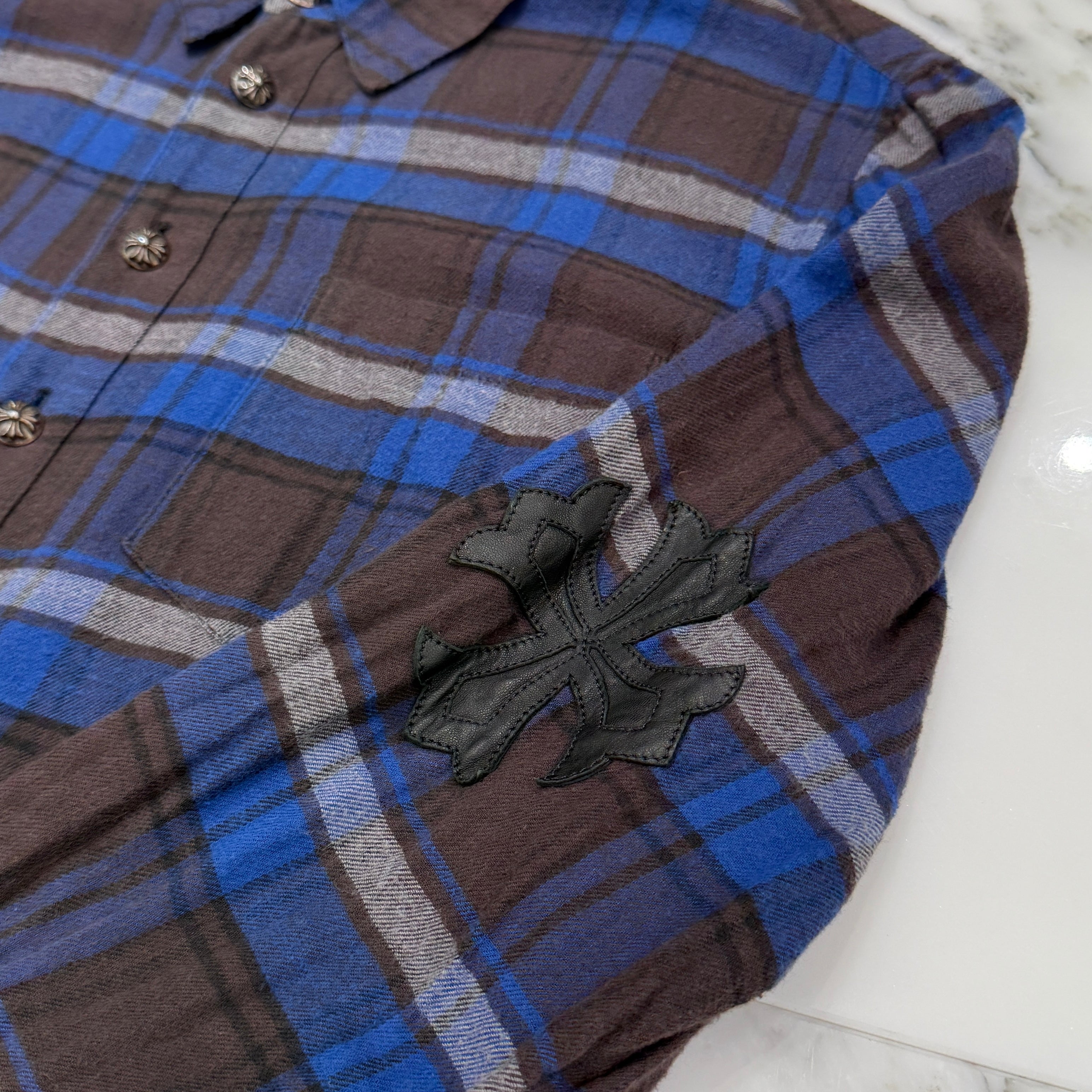 CHROME HEARTS Y NOT CH Plus Leather Patch Check Shirt Size M クロムハーツ CHプラスレザーパッチ チェックシャツ サイズM