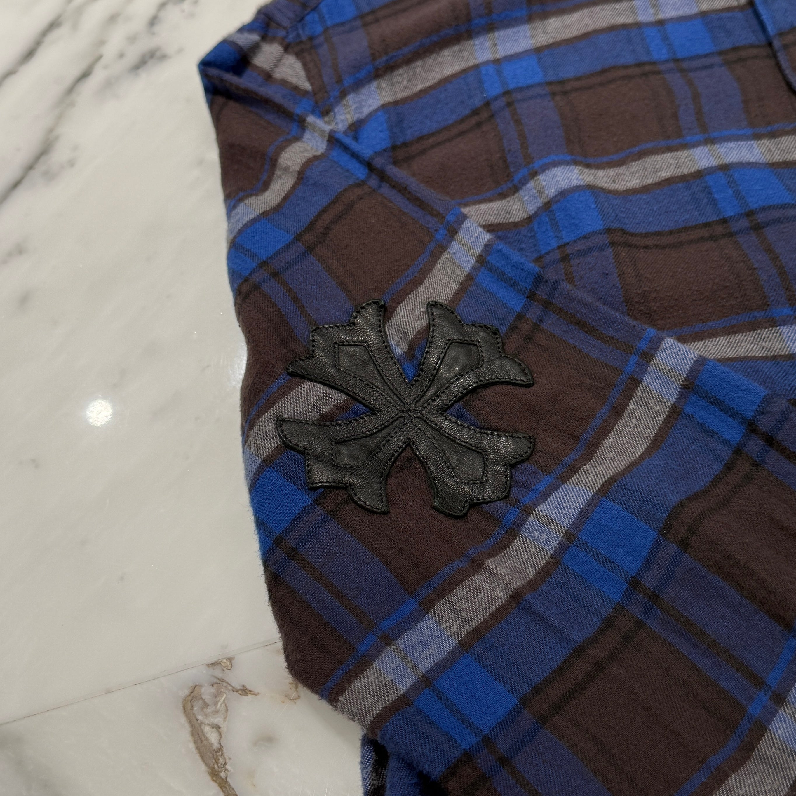 CHROME HEARTS Y NOT CH Plus Leather Patch Check Shirt Size M クロムハーツ CHプラスレザーパッチ チェックシャツ サイズM