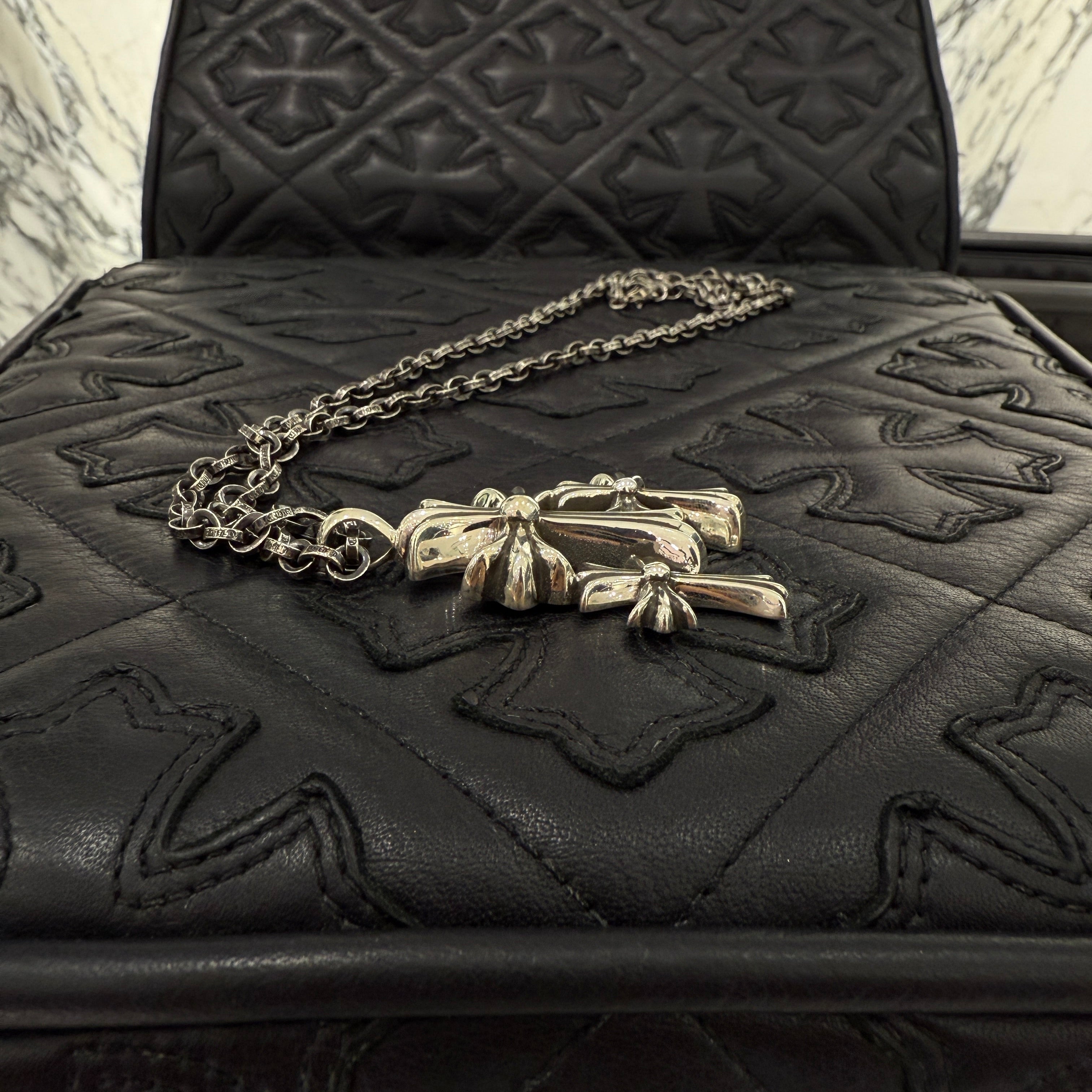 CHROME HEARTS Triple Cross Necklace Pendant Top & Paper Chain 30