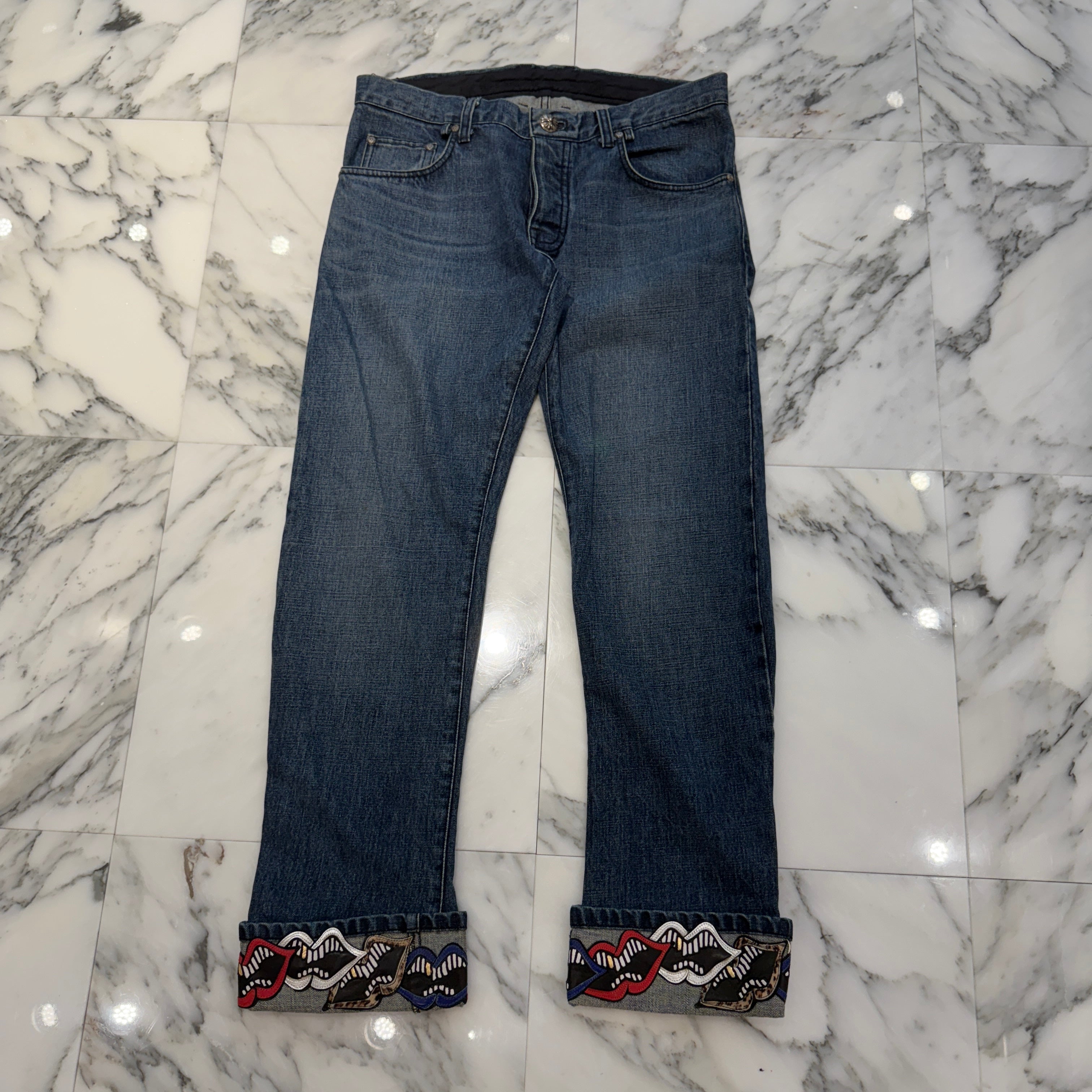 CHROME HEARTS × MATTY BOY Multi Chomper Leather Patch Cross Ball Button Denim Pants Size 34 クロムハーツ × マッティボーイ マルチチョンパー レザーパッチ クロスボールボタン デニムパンツ サイズ34