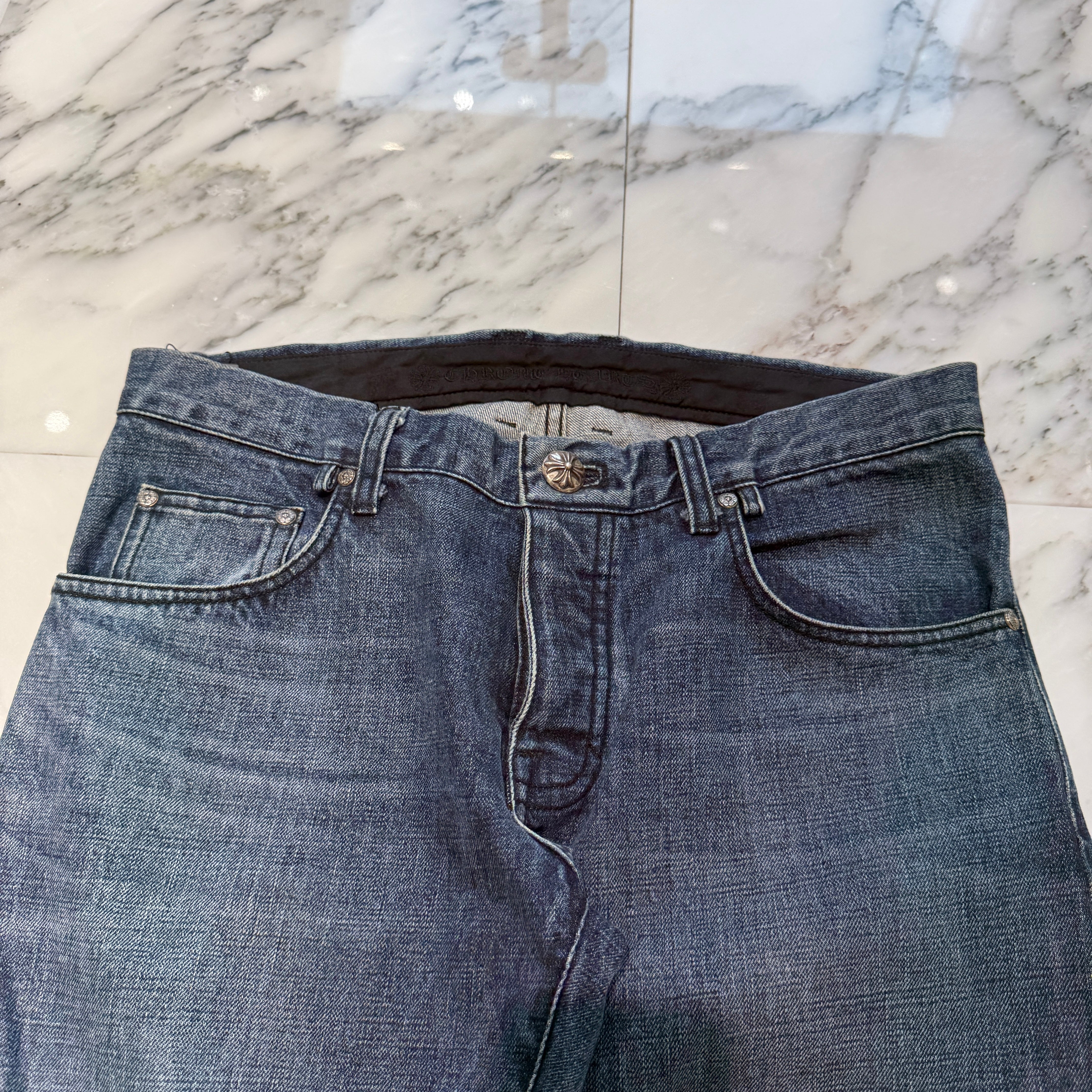 CHROME HEARTS × MATTY BOY Multi Chomper Leather Patch Cross Ball Button Denim Pants Size 34 クロムハーツ × マッティボーイ マルチチョンパー レザーパッチ クロスボールボタン デニムパンツ サイズ34