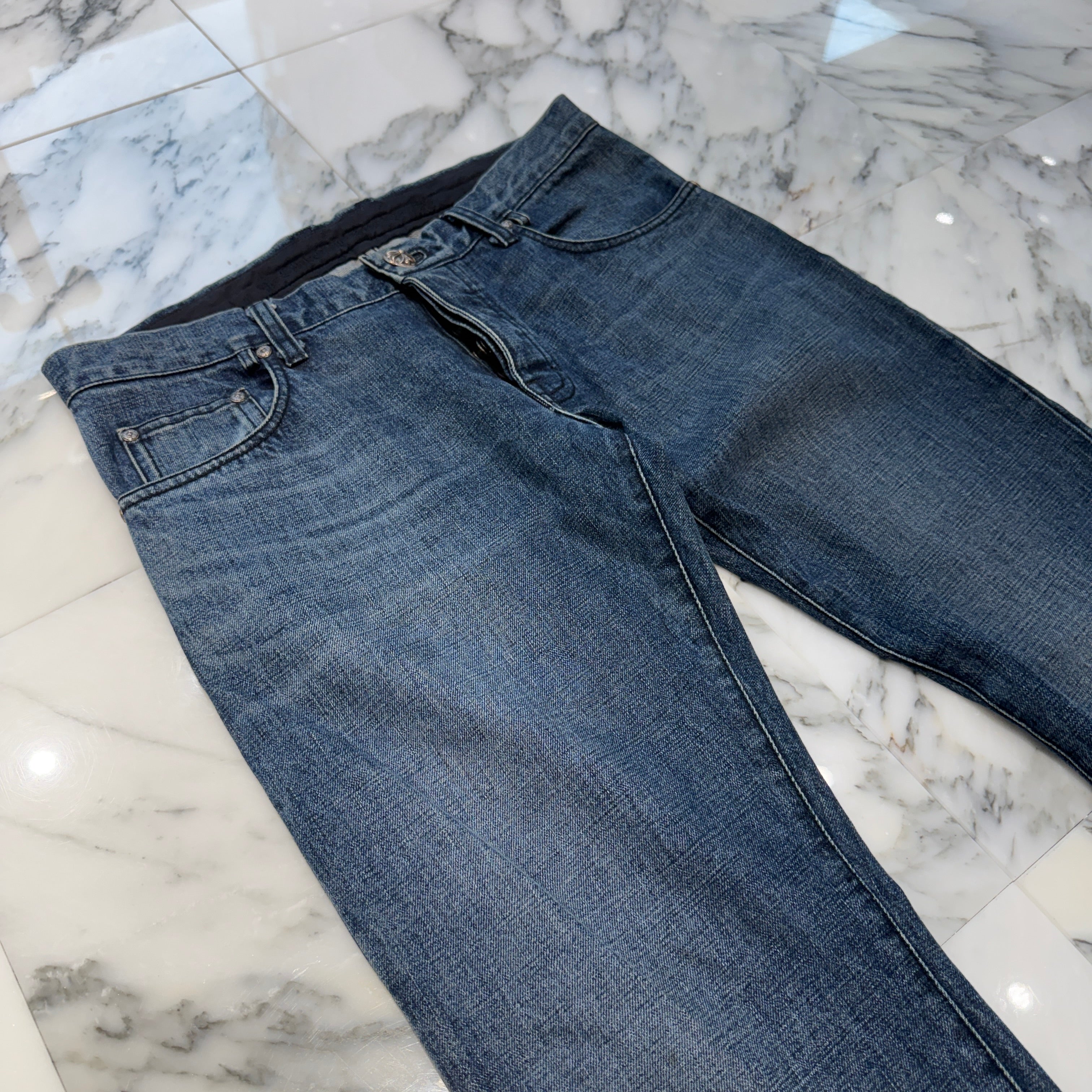 CHROME HEARTS × MATTY BOY Multi Chomper Leather Patch Cross Ball Button Denim Pants Size 34 クロムハーツ × マッティボーイ マルチチョンパー レザーパッチ クロスボールボタン デニムパンツ サイズ34