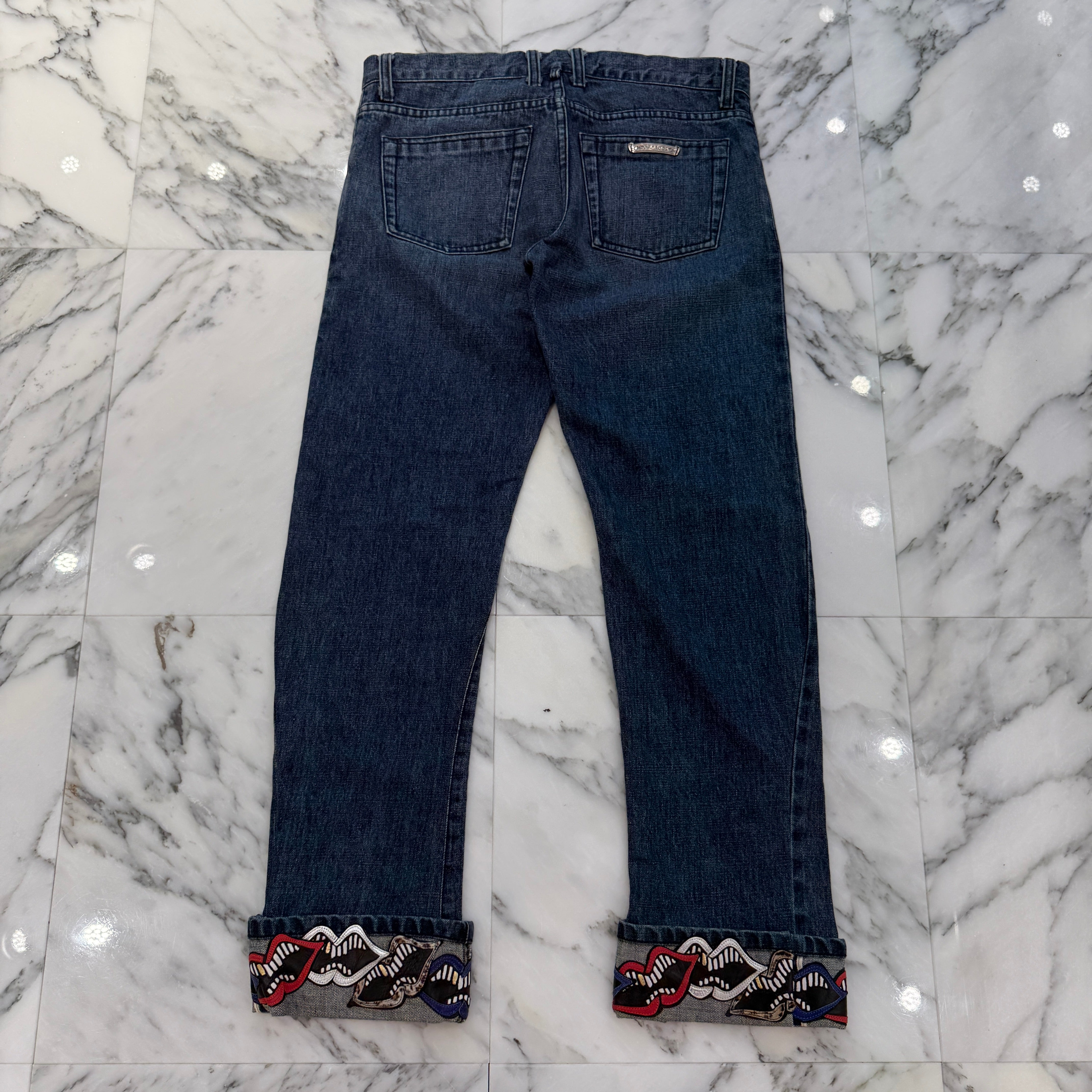 CHROME HEARTS × MATTY BOY Multi Chomper Leather Patch Cross Ball Button Denim Pants Size 34 クロムハーツ × マッティボーイ マルチチョンパー レザーパッチ クロスボールボタン デニムパンツ サイズ34