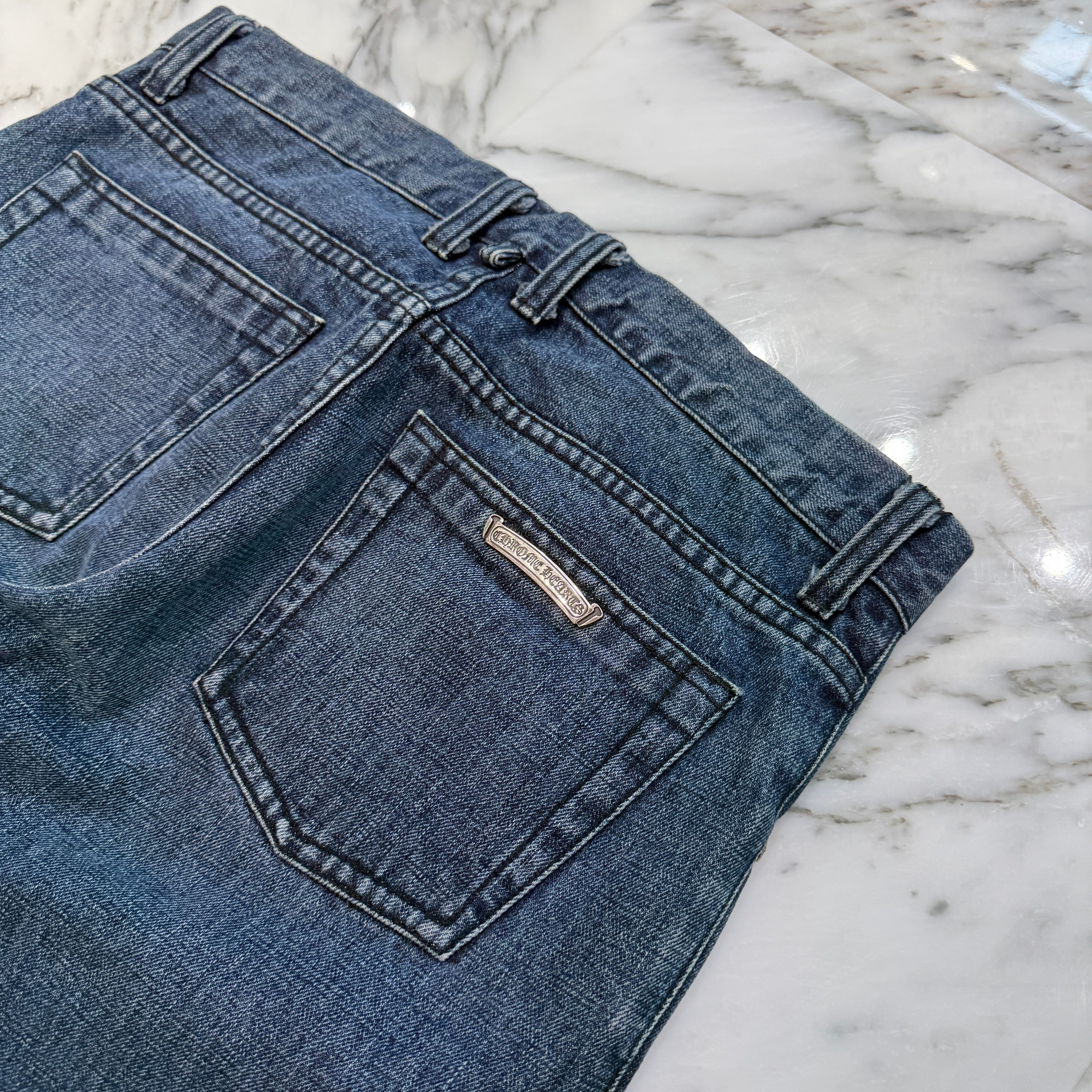 CHROME HEARTS × MATTY BOY Multi Chomper Leather Patch Cross Ball Button Denim Pants Size 34 クロムハーツ × マッティボーイ マルチチョンパー レザーパッチ クロスボールボタン デニムパンツ サイズ34