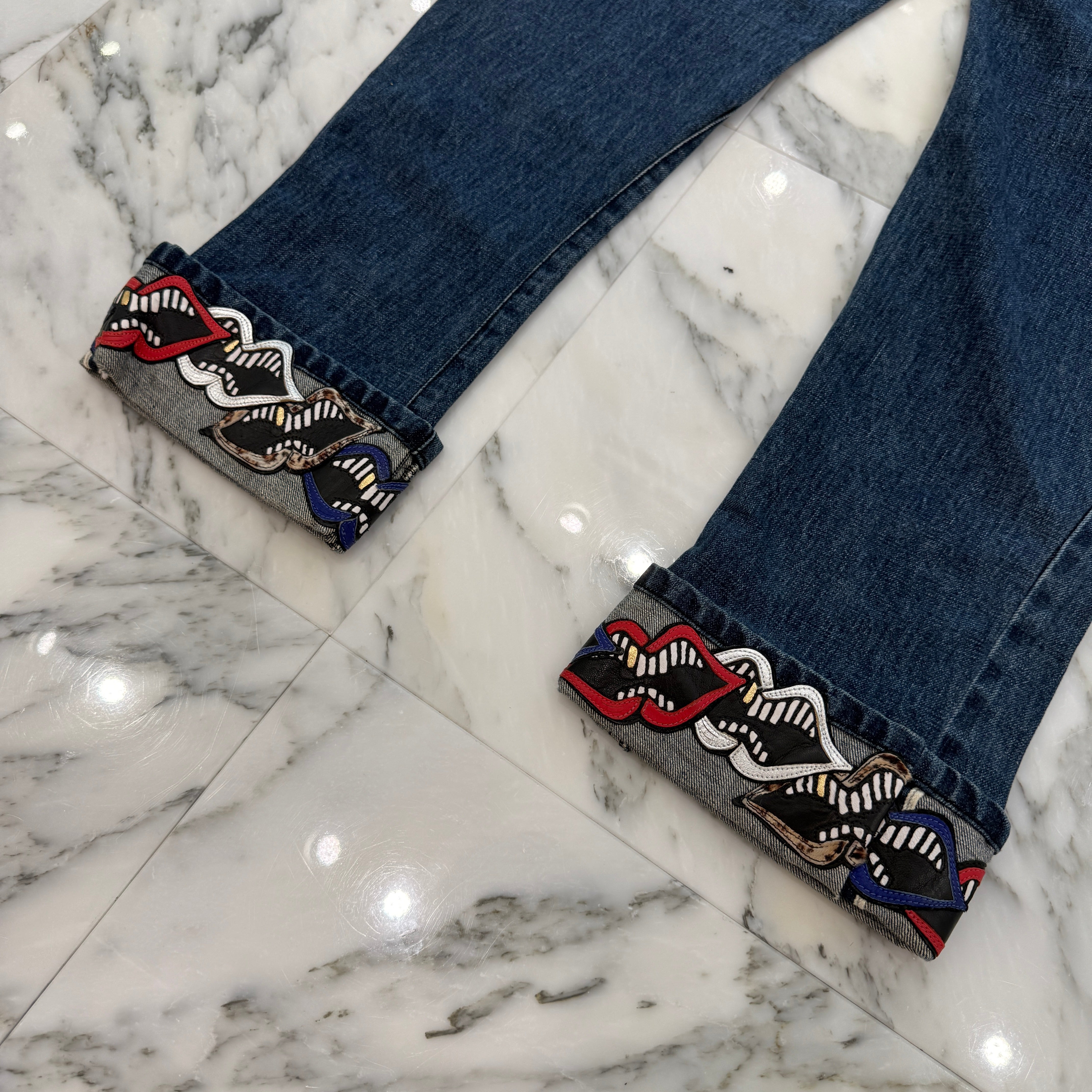 CHROME HEARTS × MATTY BOY Multi Chomper Leather Patch Cross Ball Button Denim Pants Size 34 クロムハーツ × マッティボーイ マルチチョンパー レザーパッチ クロスボールボタン デニムパンツ サイズ34