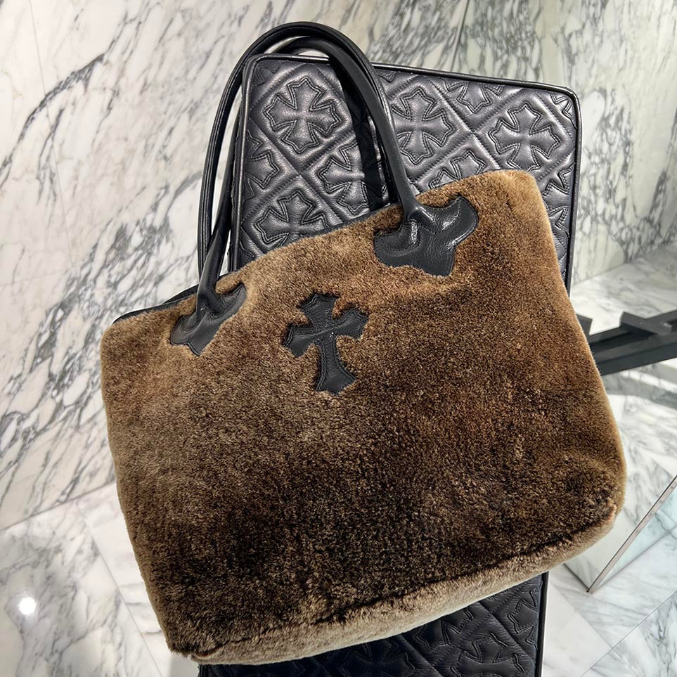 CHROME HEARTS 1 Cross Leather Patch Fur FS Tote Bag クロムハーツ 1クロス レザーパッチ ファー FS トートバッグ