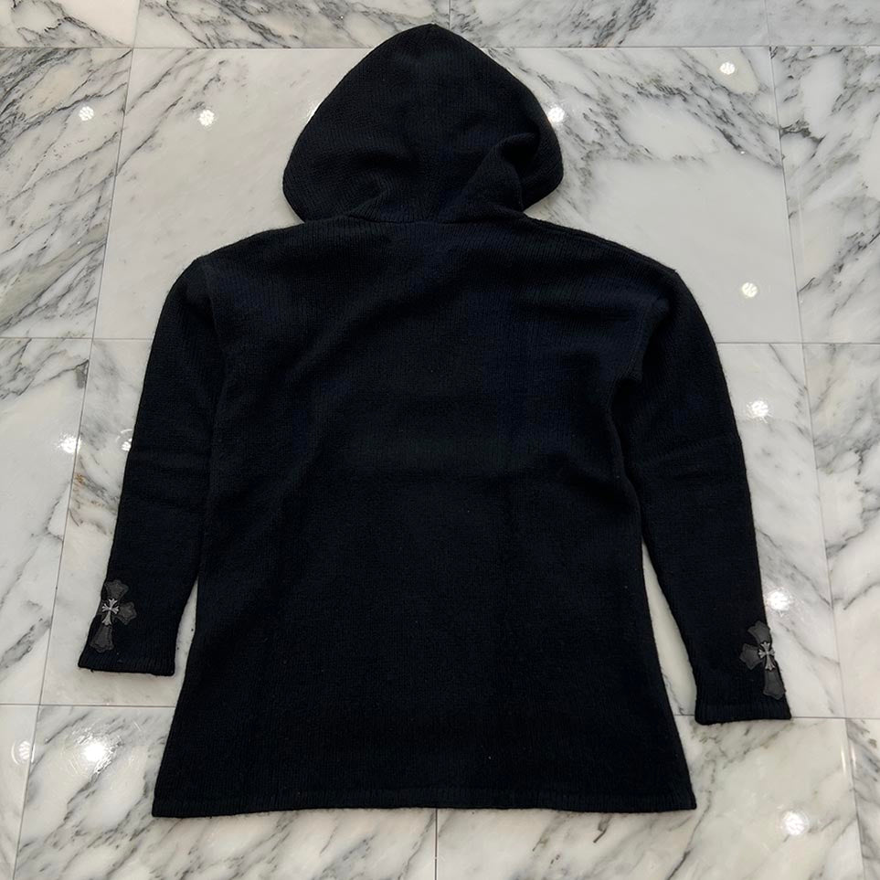 CHROME HEARTS Leather Cross Patch Cashmere Mohair Blend Knit Hoodie Size XS クロムハーツ レザークロスパッチ カシミヤ モヘア ブレンド ニットフーディ サイズXS