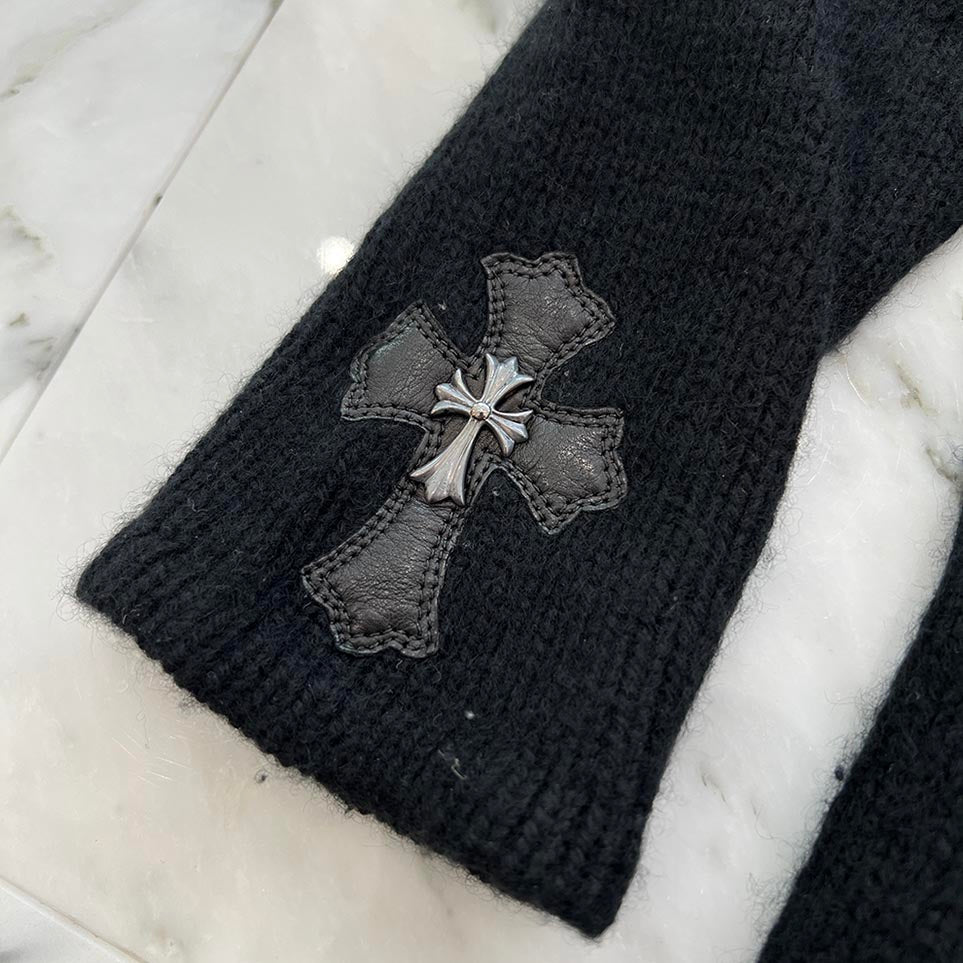 CHROME HEARTS Leather Cross Patch Cashmere Mohair Blend Knit Hoodie Size XS クロムハーツ レザークロスパッチ カシミヤ モヘア ブレンド ニットフーディ サイズXS