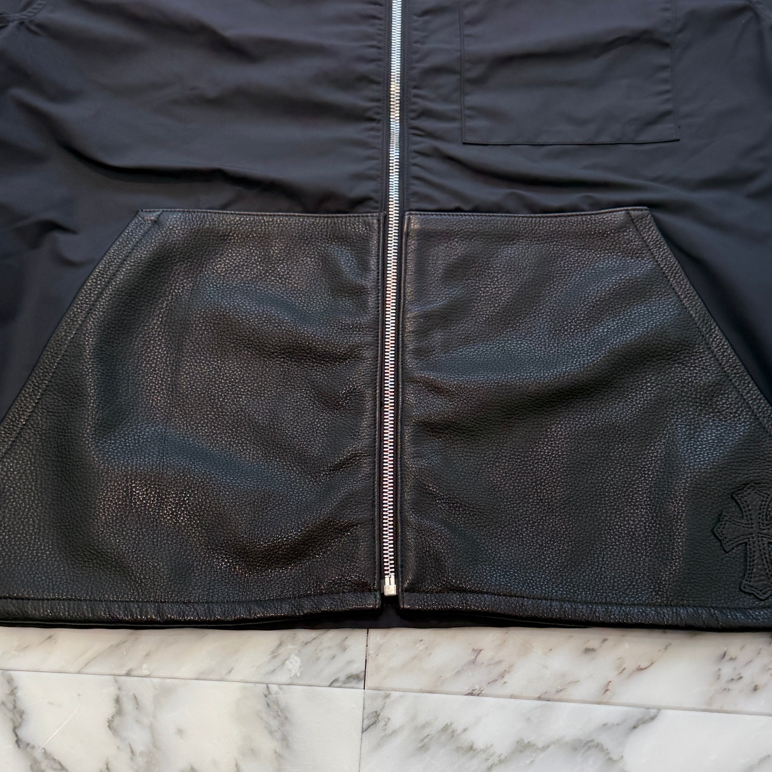 CHROME HEARTS Y NOT Carpenter Leather Pocket Nylon Zip Shirt Size