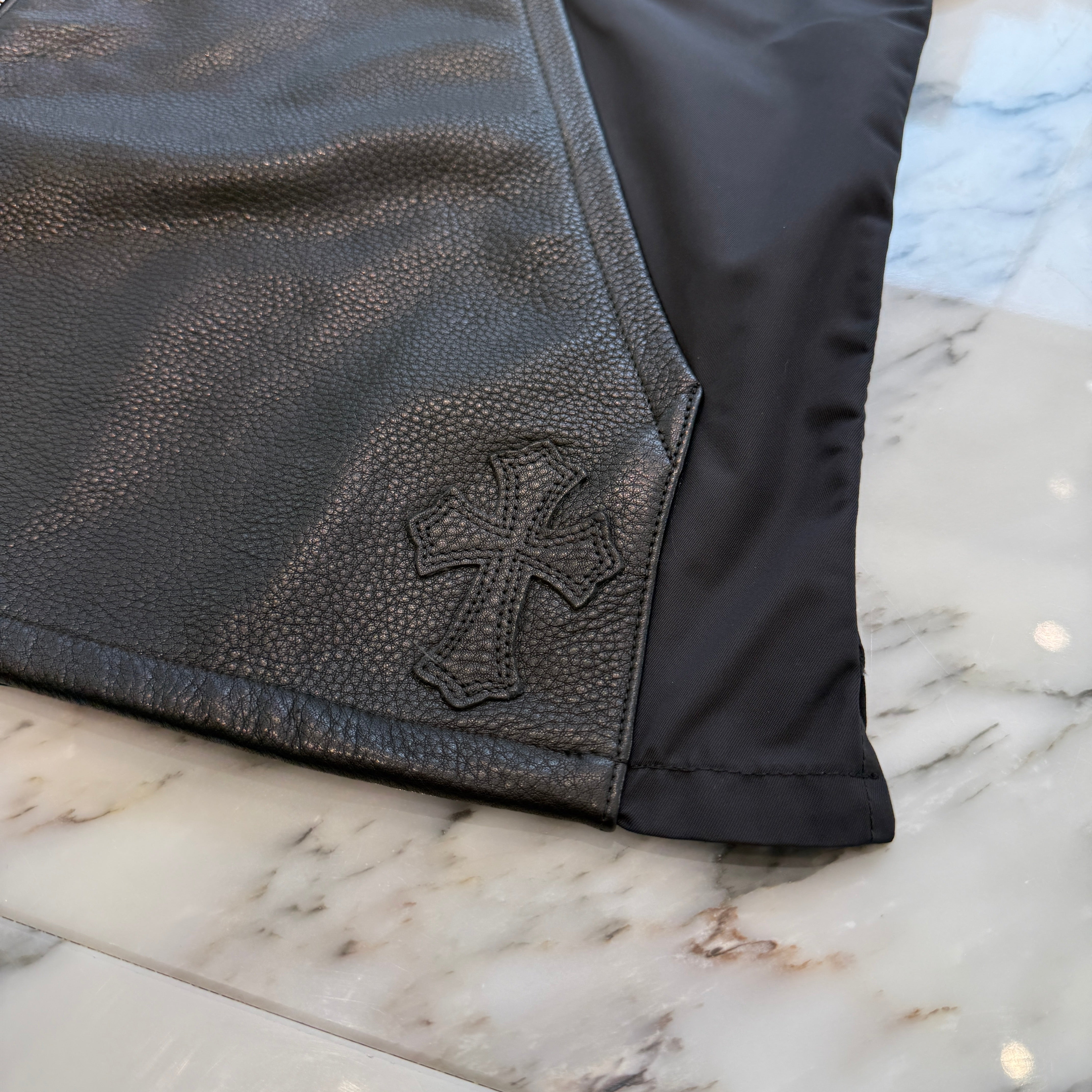 CHROME HEARTS Y NOT Carpenter Leather Pocket Nylon Zip Shirt Size