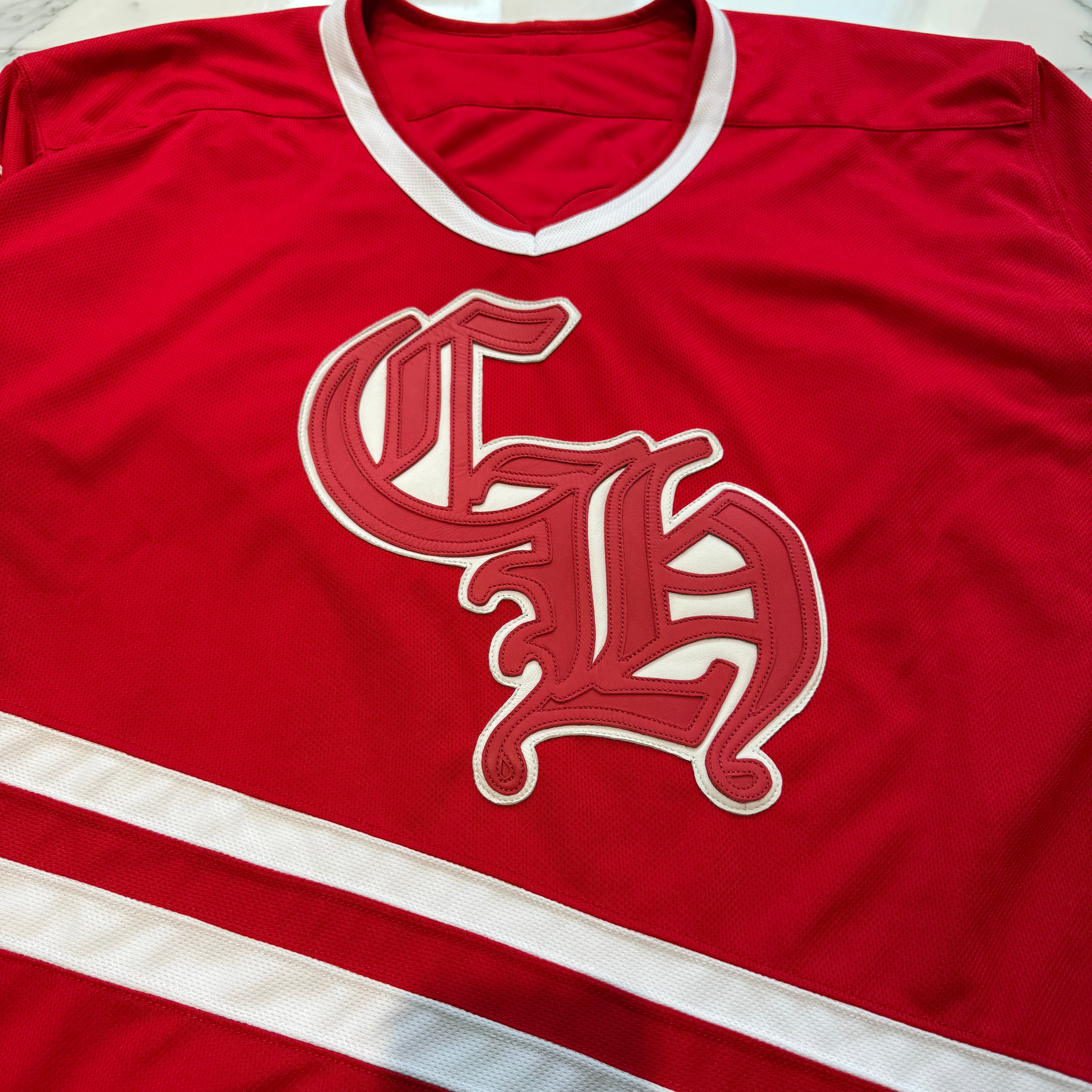 CHROME HEARTS × MATTY BOY Leather Chomper Patch Hockey Jersey Long Sleeve Tee Size M クロムハーツ×マティボーイ レザーチョンパーパッチ ホッケージャージー ロングスリーブTシャツ サイズＭ