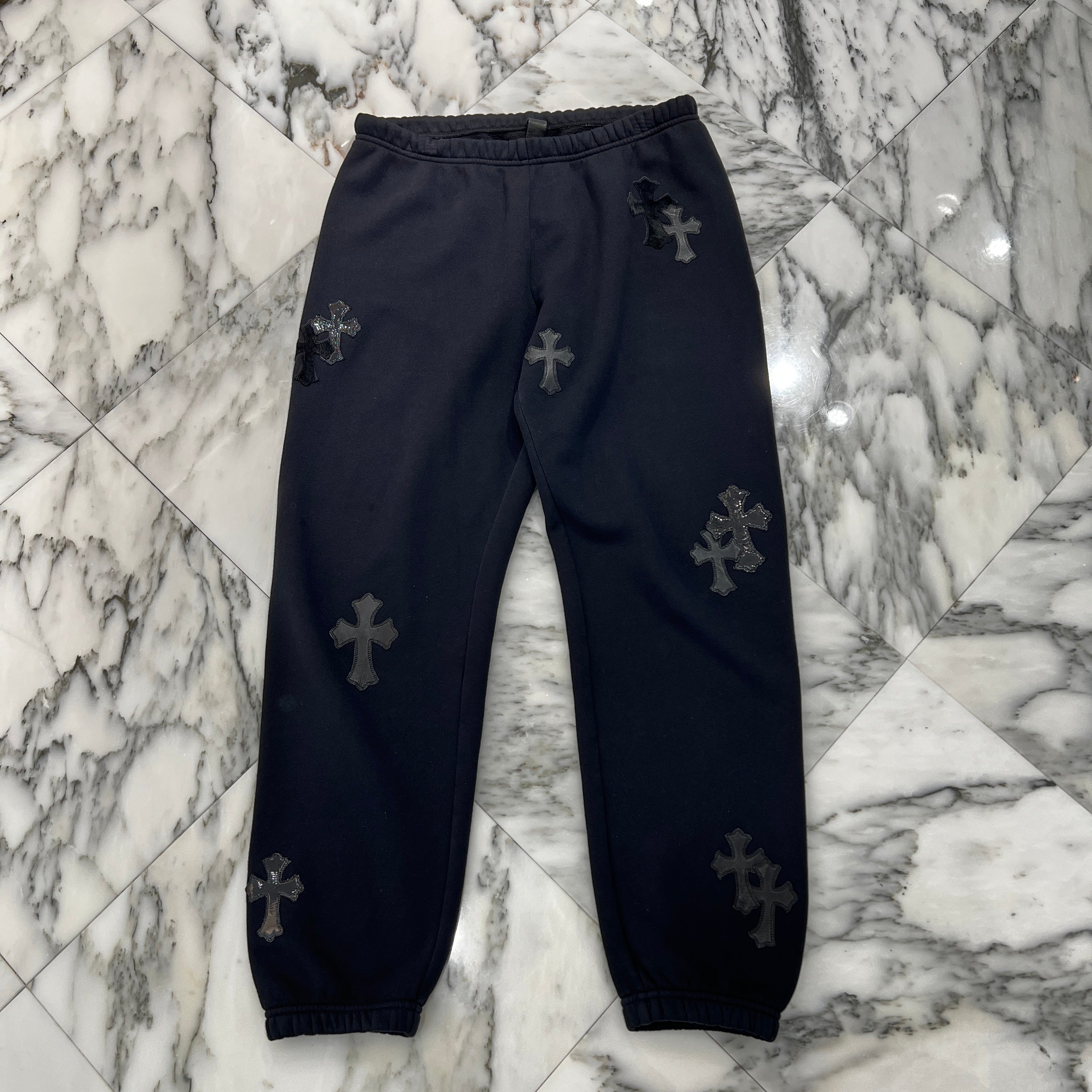 CHROME HEARTS GRP Y NOT Harako Patent Leather Cross Patch Sweat Pants Size M クロムハーツ ワイノット ハラコ パテント レザー クロスパッチ スウェットパンツ サイズM
