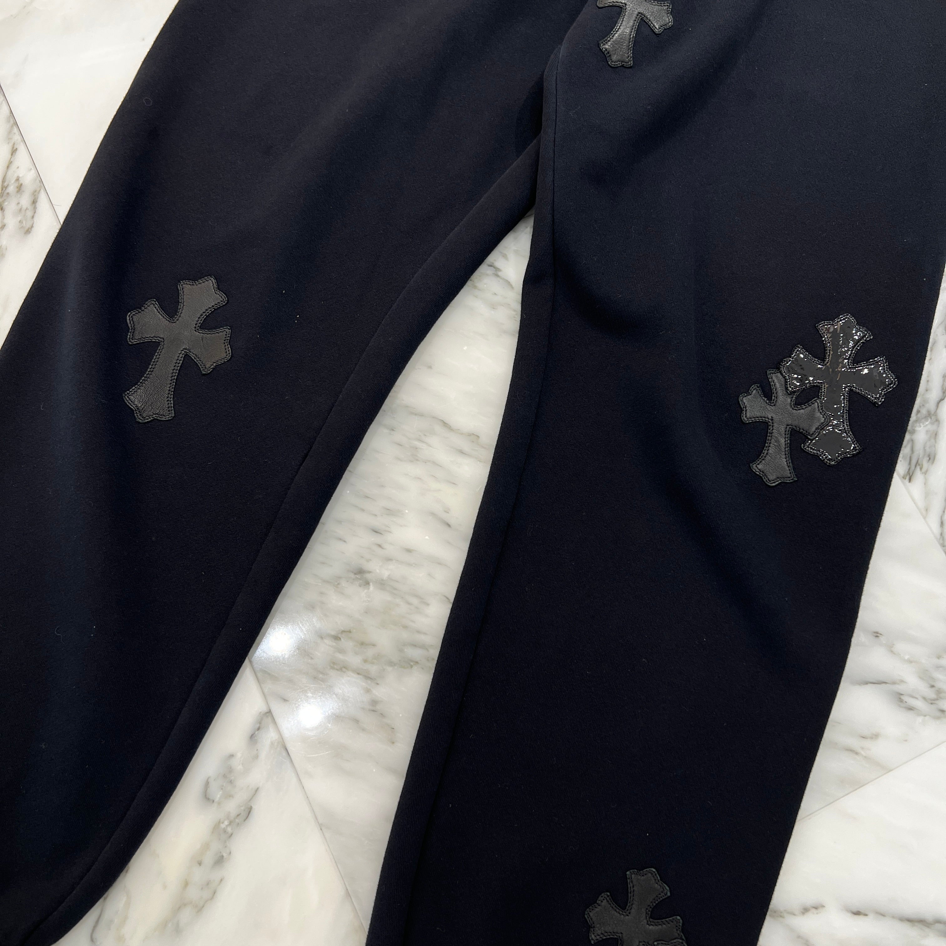 CHROME HEARTS GRP Y NOT Harako Patent Leather Cross Patch Sweat Pants Size M クロムハーツ ワイノット ハラコ パテント レザー クロスパッチ スウェットパンツ サイズM