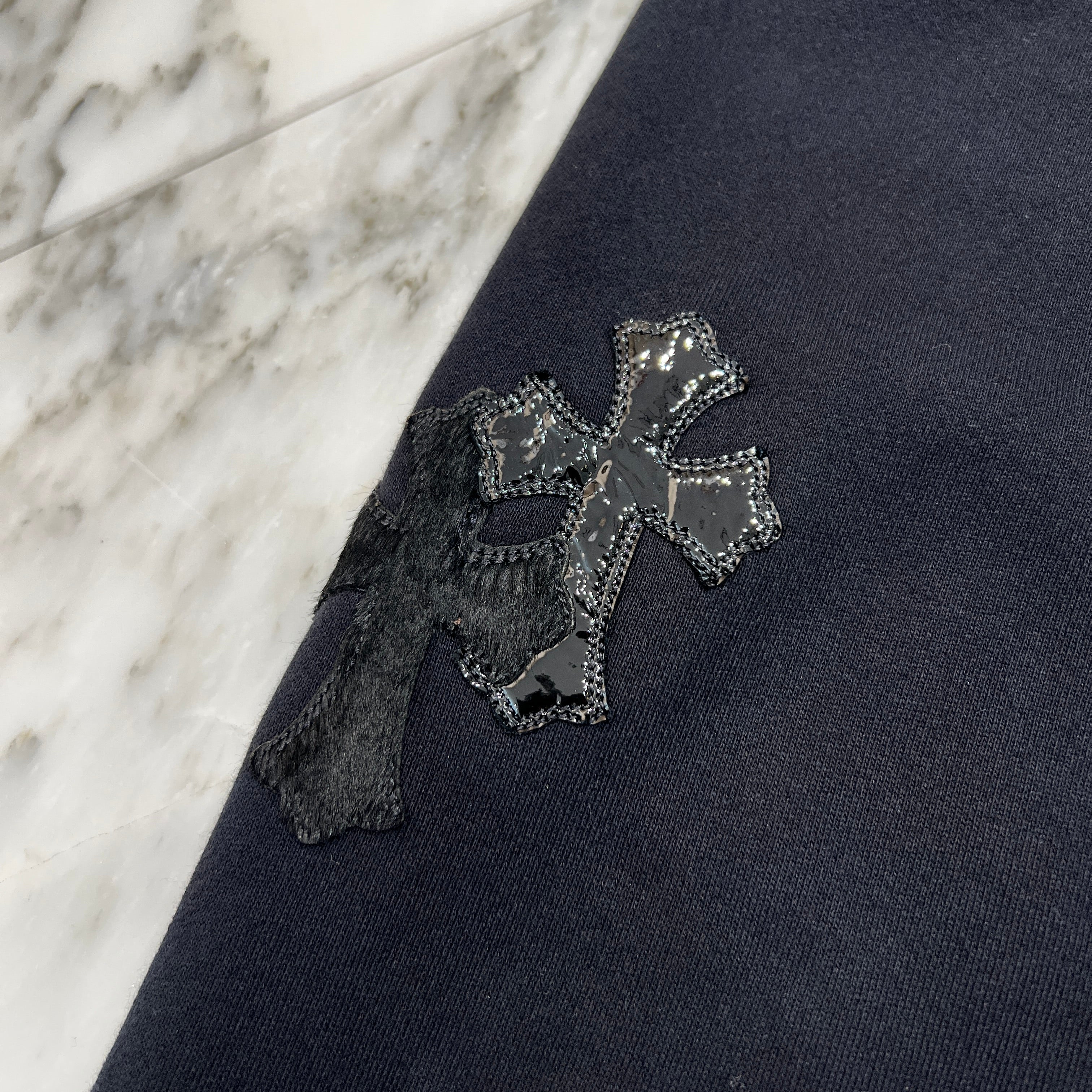 CHROME HEARTS GRP Y NOT Harako Patent Leather Cross Patch Sweat Pants Size M クロムハーツ ワイノット ハラコ パテント レザー クロスパッチ スウェットパンツ サイズM