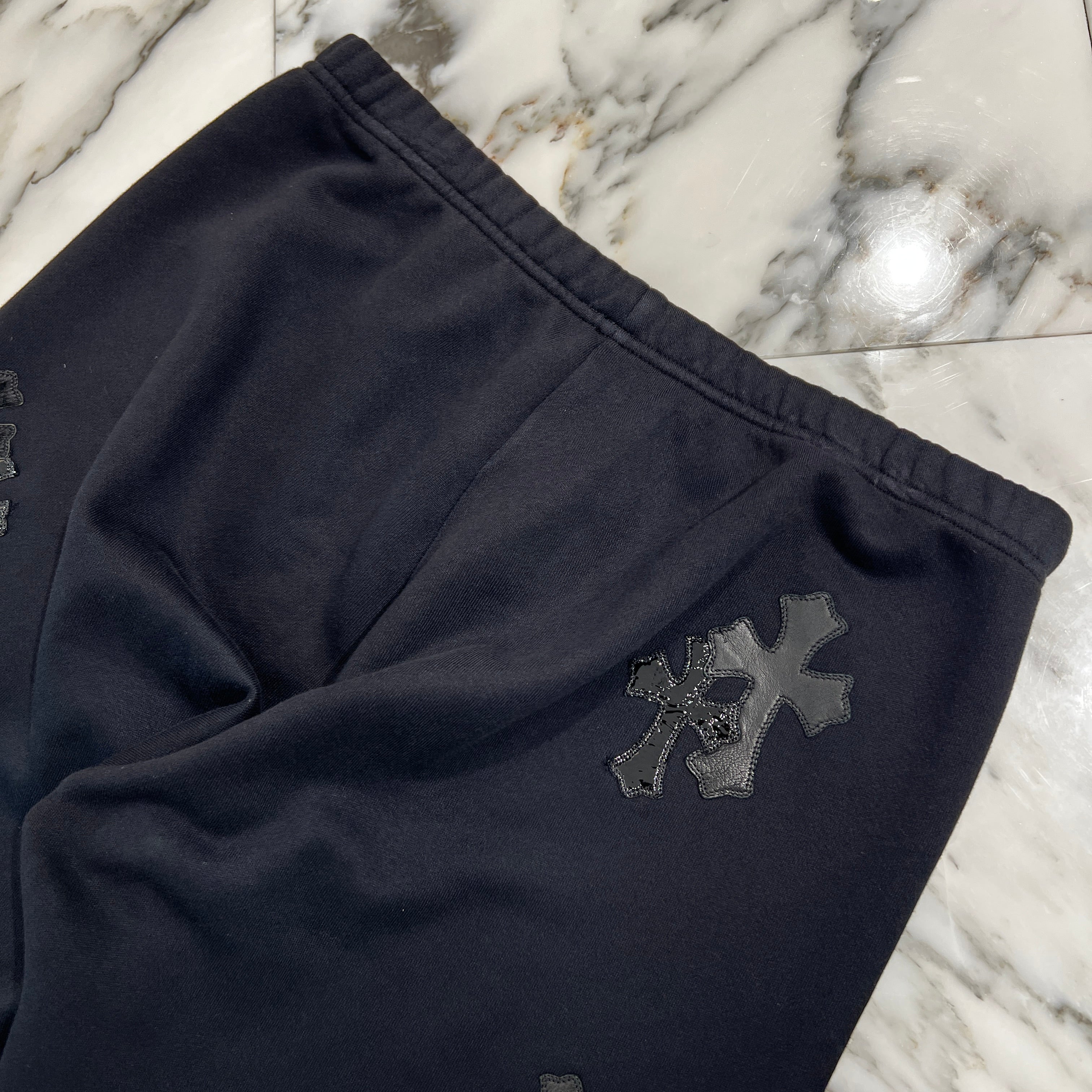 CHROME HEARTS GRP Y NOT Harako Patent Leather Cross Patch Sweat Pants Size M クロムハーツ ワイノット ハラコ パテント レザー クロスパッチ スウェットパンツ サイズM