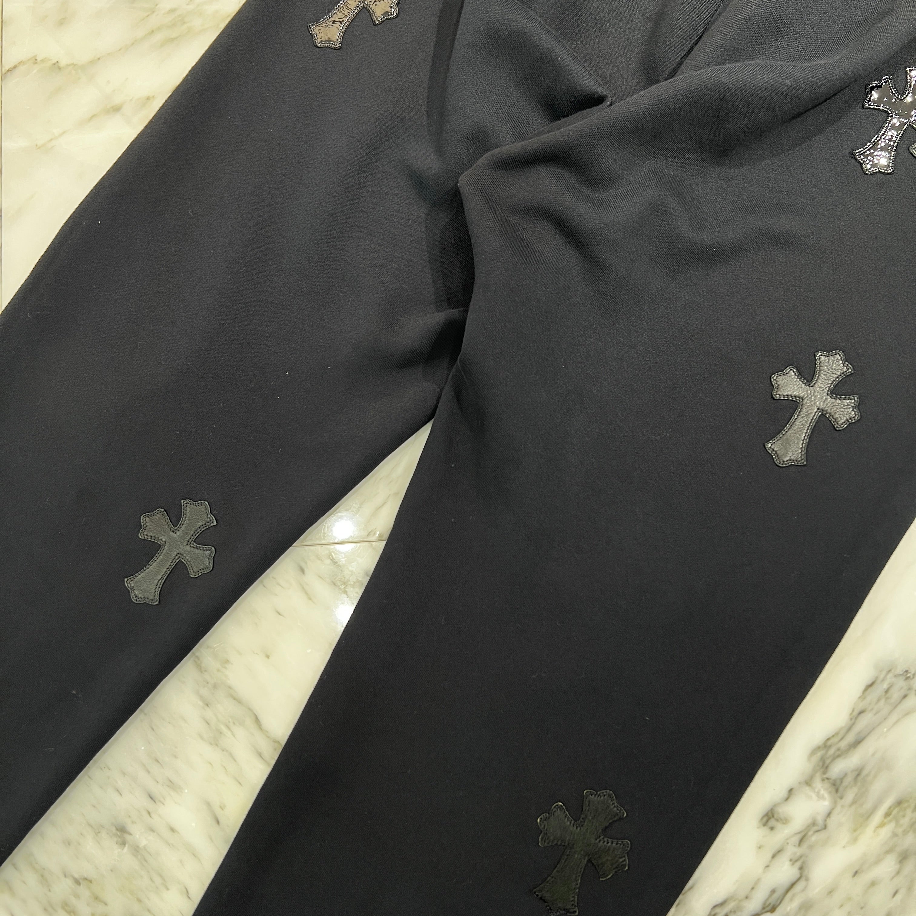 CHROME HEARTS GRP Y NOT Harako Patent Leather Cross Patch Sweat Pants Size M クロムハーツ ワイノット ハラコ パテント レザー クロスパッチ スウェットパンツ サイズM