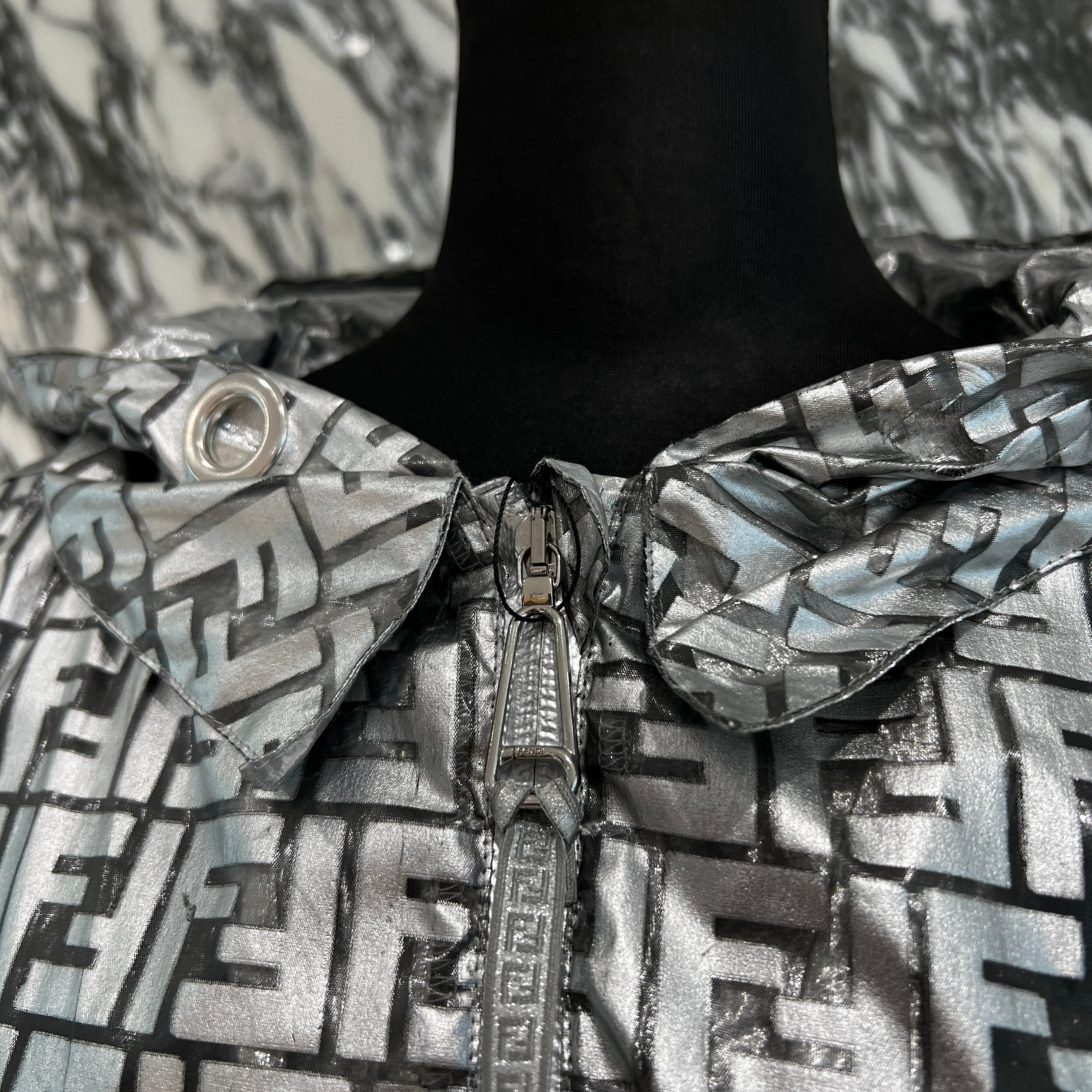 FENDI × Nicki Minaj 2022SS FF Logo Print Silver Nylon Blouson Jacket FAA470 AB3L Size 40 フェンディ × ニッキーミナージュ FFロゴプリント ナイロン ブルゾン ジャケット サイズ40