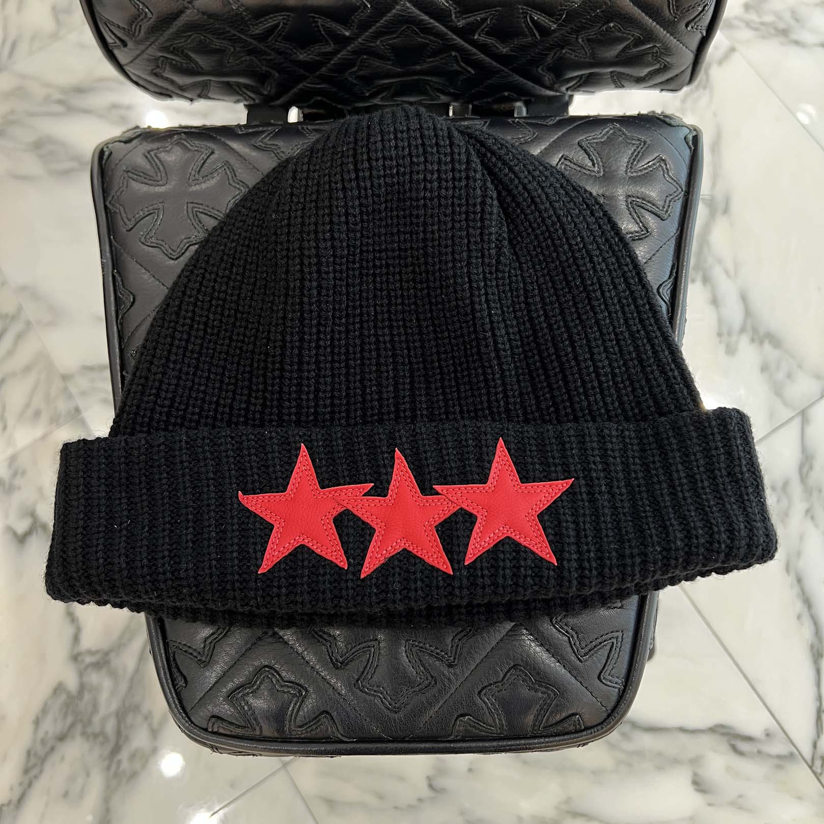 CHROME HEARTS 3 Star Leather Patch Cashmere Knit Beanie Size ONE SIZE (53-60) クロムハーツ 3スター レザーパッチ カシミア ニットビーニー サイズONE SIZE (53-60)