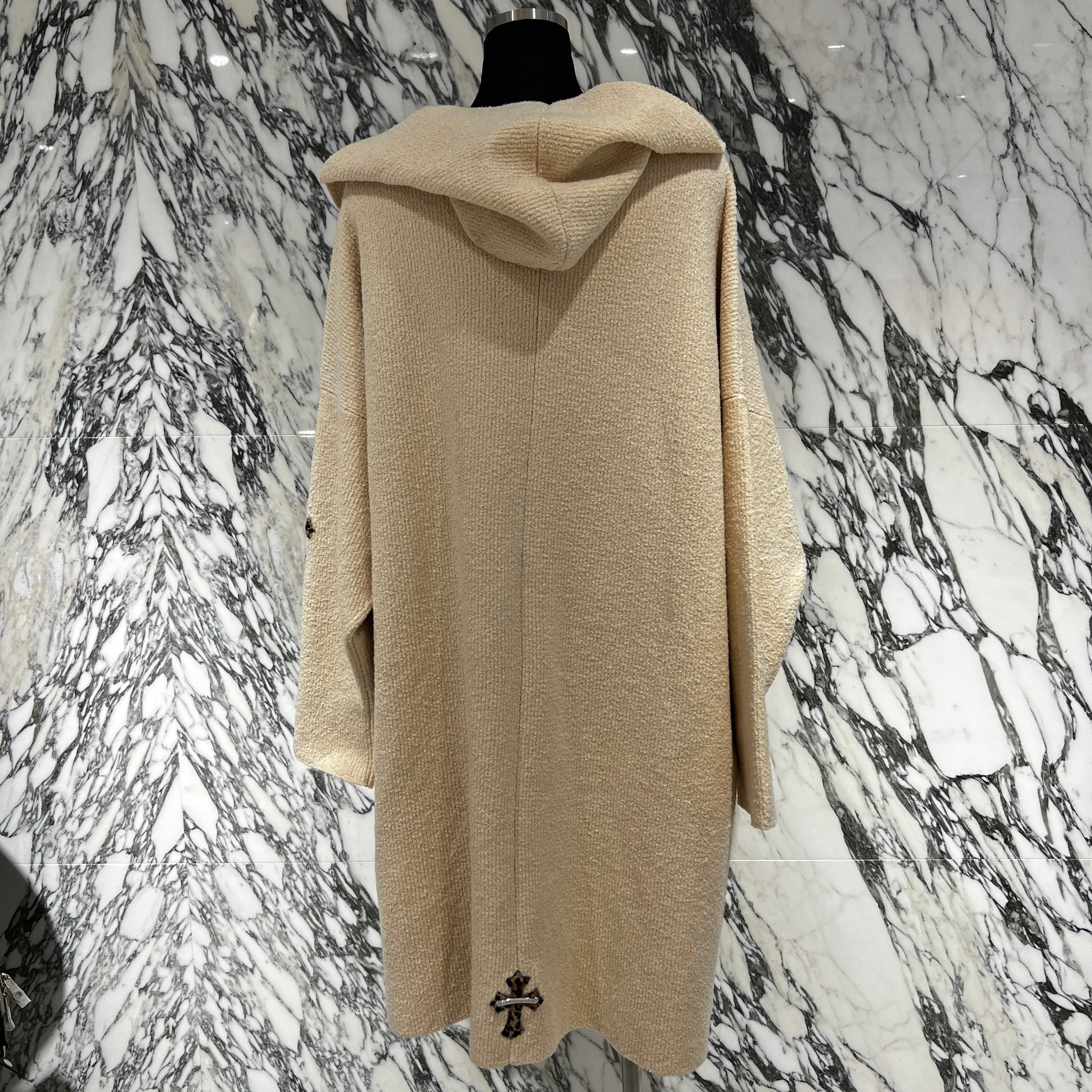 CHROME HEARTS Y NOT Leopard Harako Leather Cross Patch Knit Cardigan Coat Size LRG / XL （180/112B）クロムハーツ ワイノット レオパード ハラコ レザークロスパッチ ニット カーディガン コート サイズLRG / XL （180/112B）