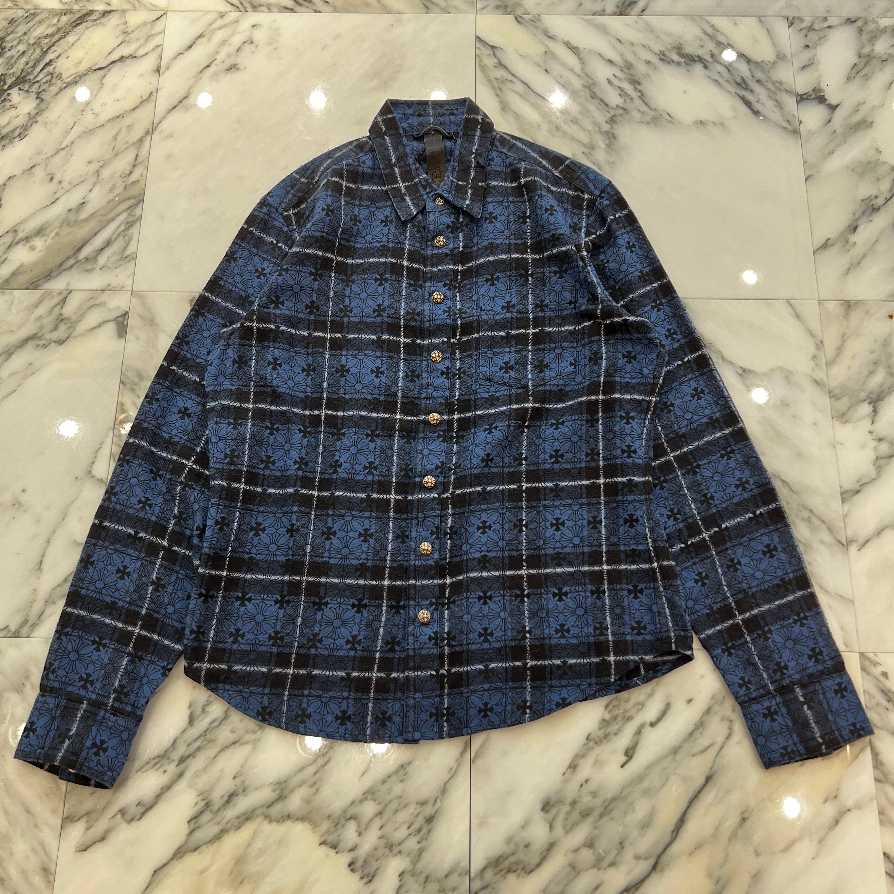 CHROME HEARTS Loose Ends Cross Leather Patch Check Shirt Size M クロムハーツ ルーズエンド クロスレザーパッチ チェック シャツ サイズM