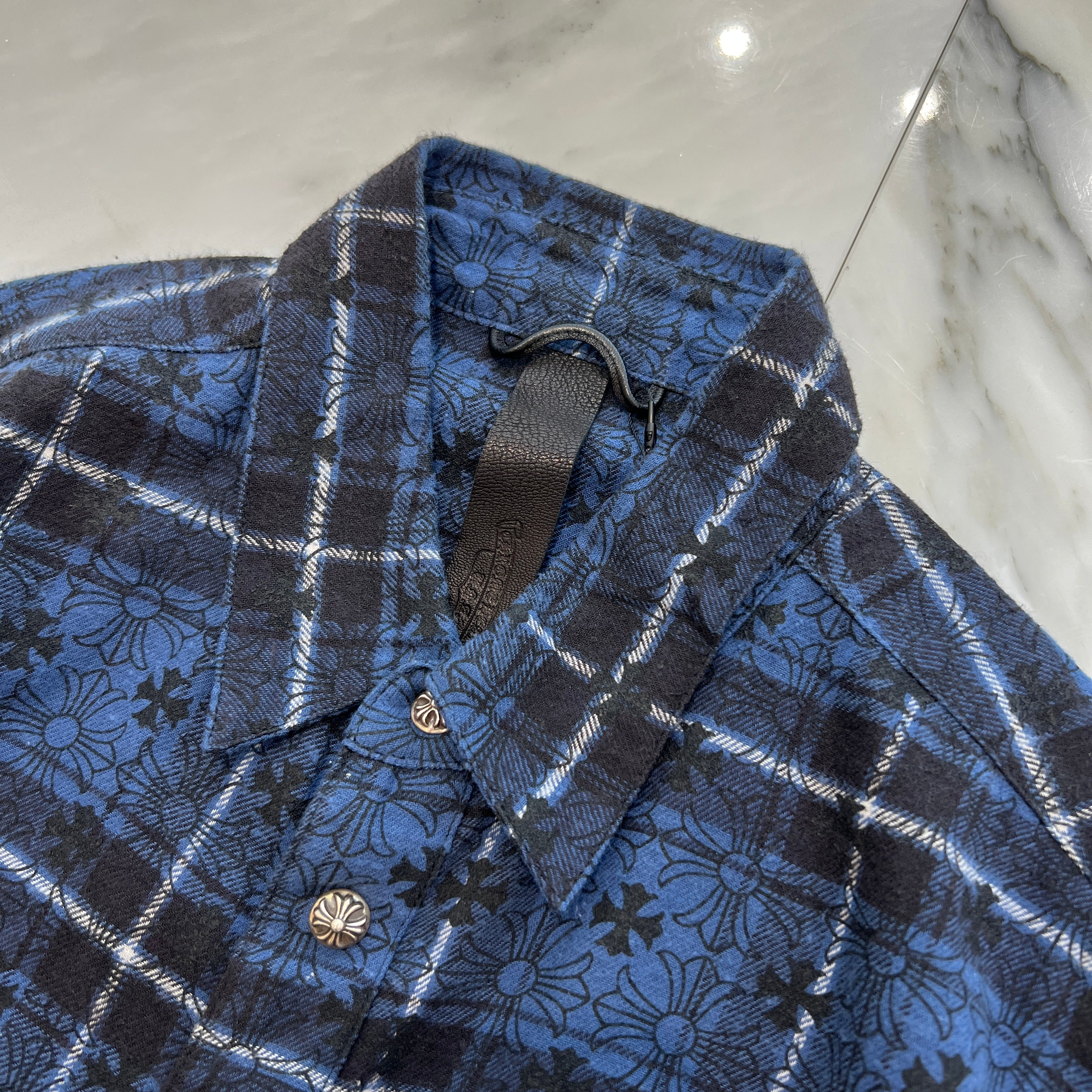 CHROME HEARTS Loose Ends Cross Leather Patch Check Shirt Size M クロムハーツ ルーズエンド クロスレザーパッチ チェック シャツ サイズM