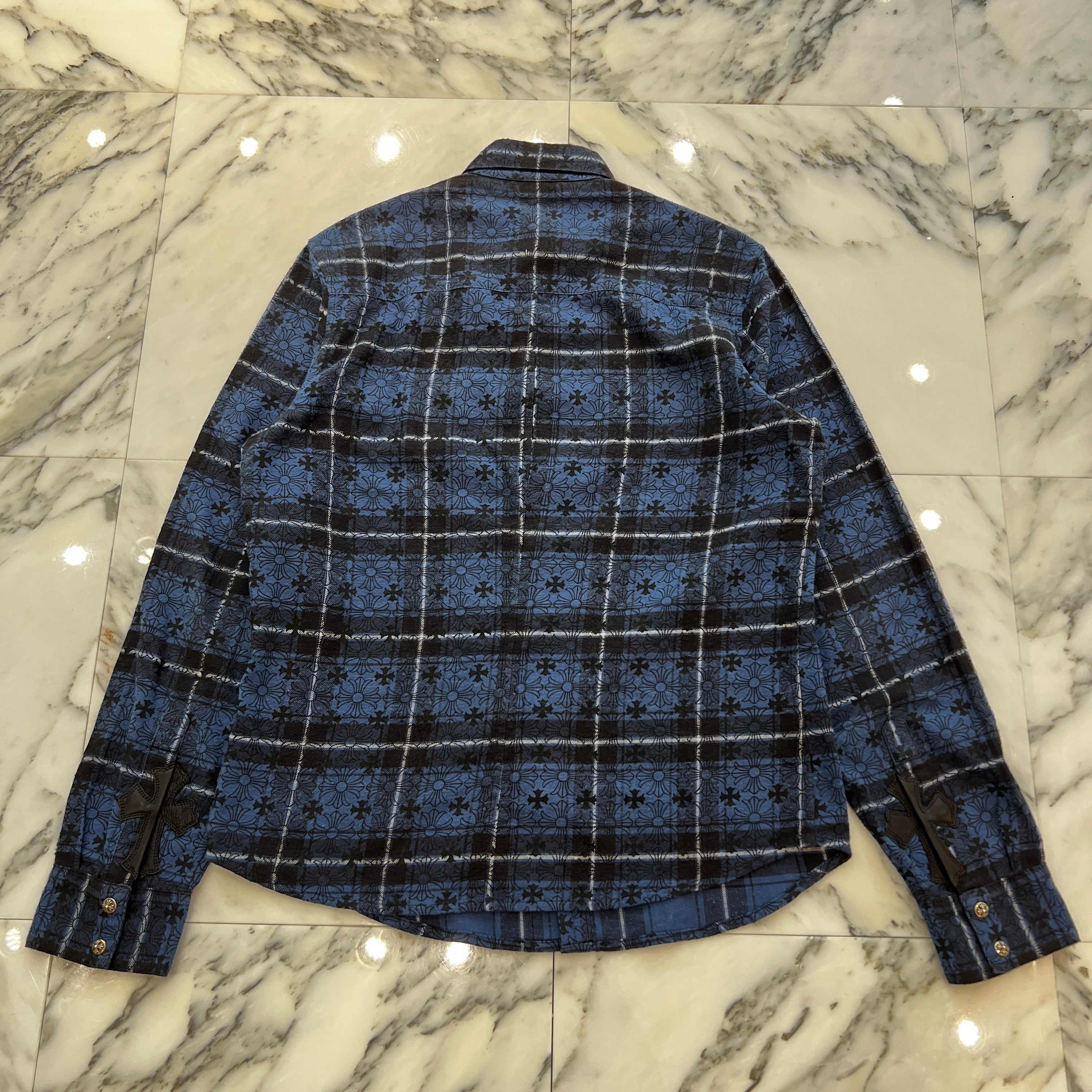 CHROME HEARTS Loose Ends Cross Leather Patch Check Shirt Size M クロムハーツ ルーズエンド クロスレザーパッチ チェック シャツ サイズM