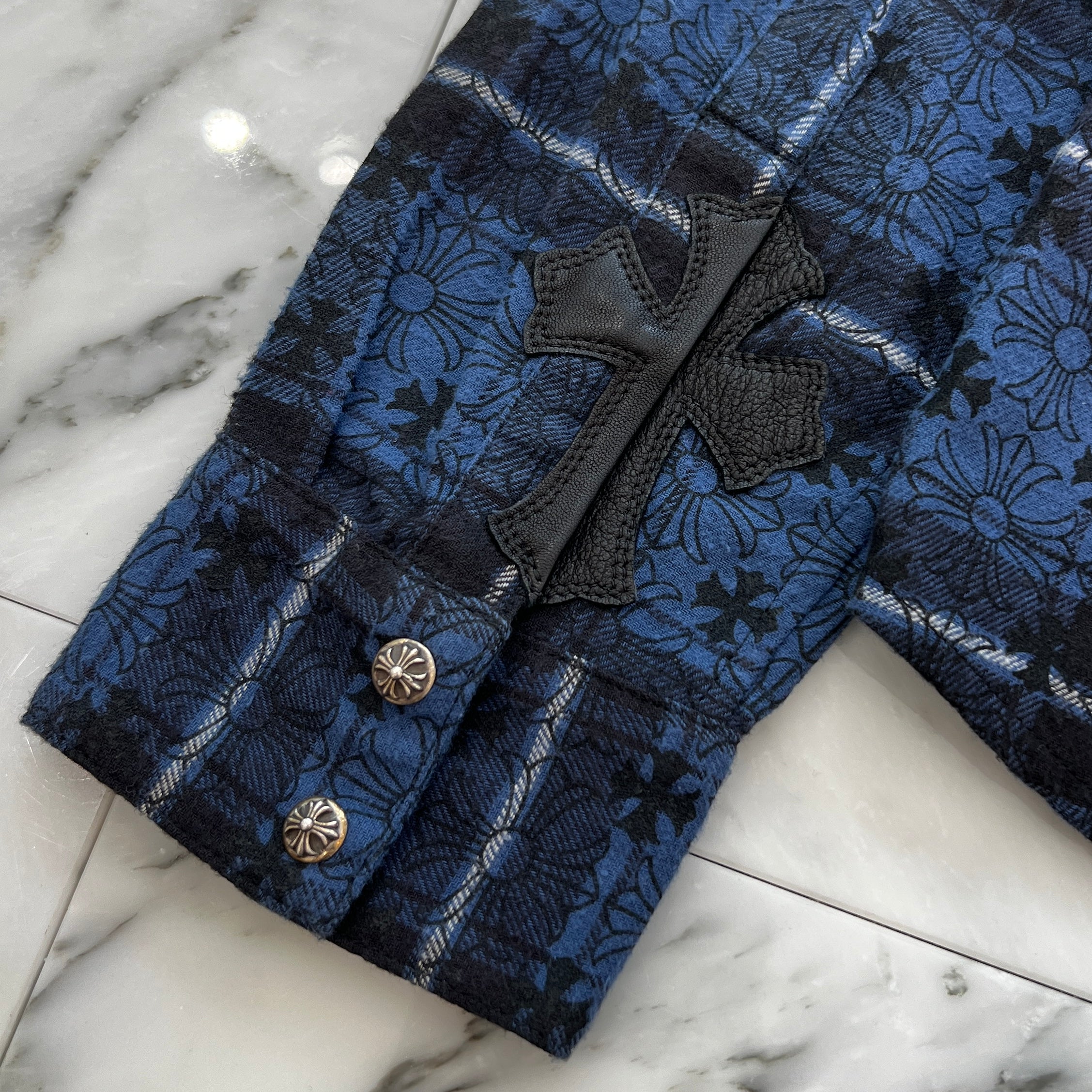 CHROME HEARTS Loose Ends Cross Leather Patch Check Shirt Size M クロムハーツ ルーズエンド クロスレザーパッチ チェック シャツ サイズM