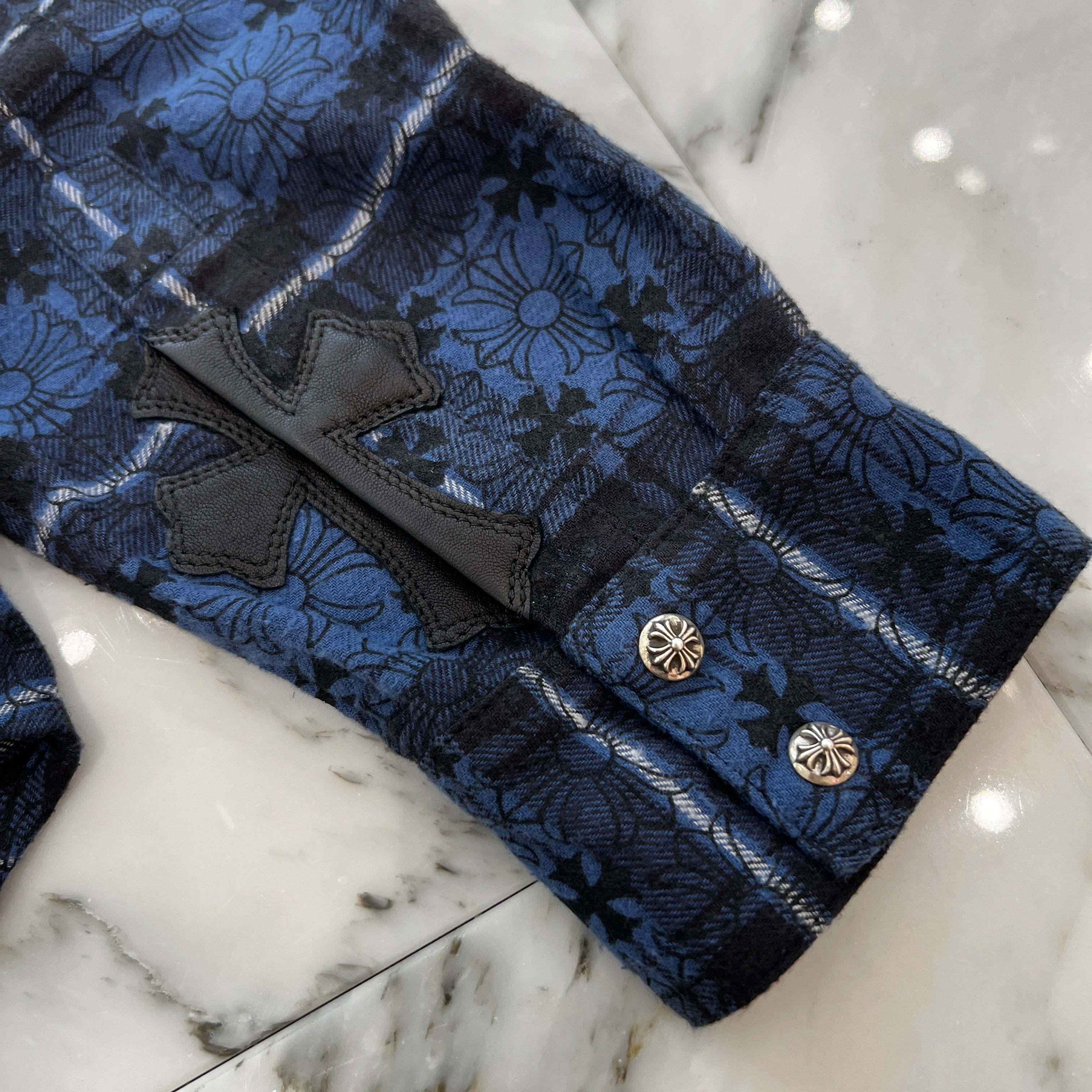 CHROME HEARTS Loose Ends Cross Leather Patch Check Shirt Size M クロムハーツ ルーズエンド クロスレザーパッチ チェック シャツ サイズM