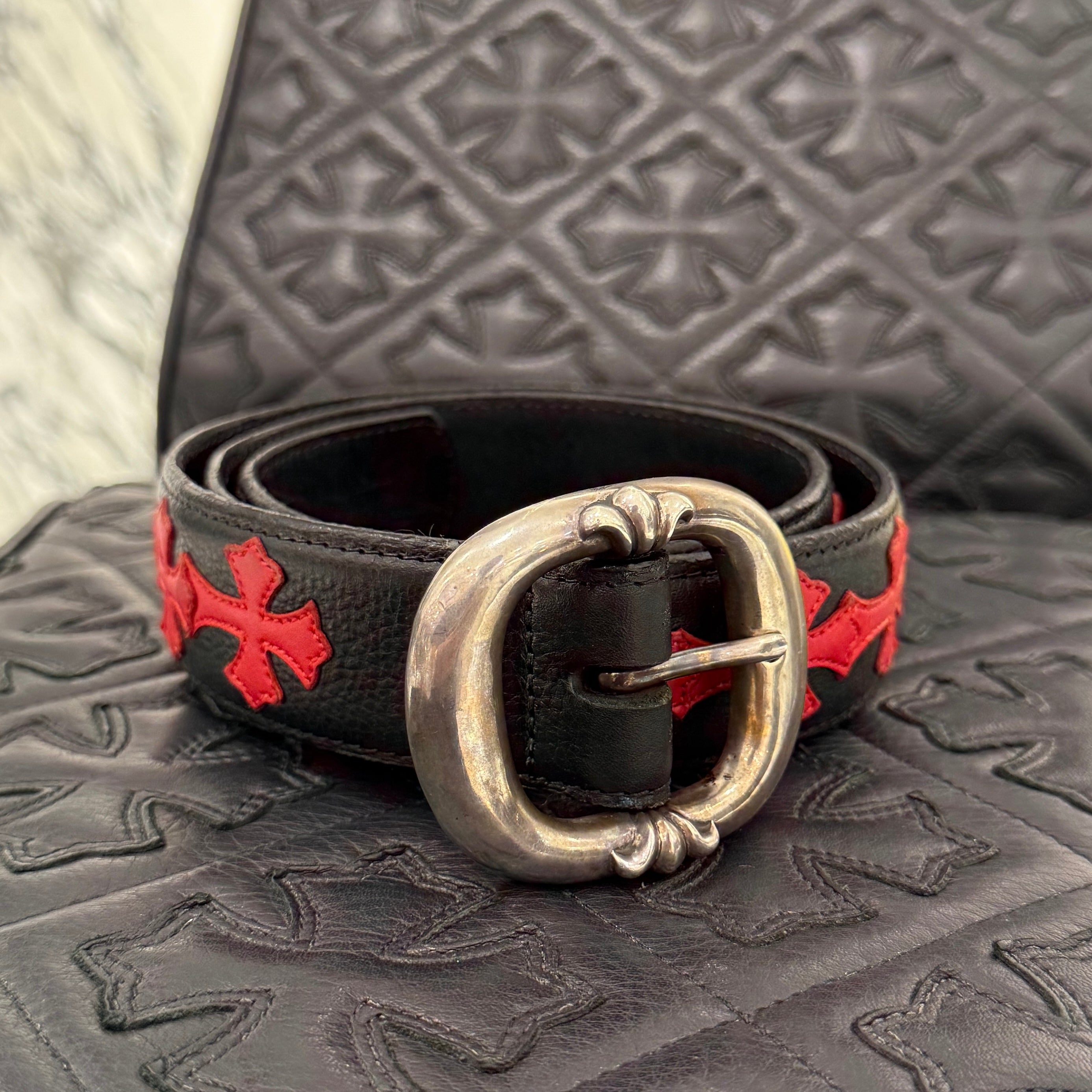 CHROME HEARTS Leather Cross Patch 1.5 Gunslinger Leather Belt Size 32 クロムハーツ レザークロスパッチ 1.5インチ ガンスリンガー レザーベルト サイズ32