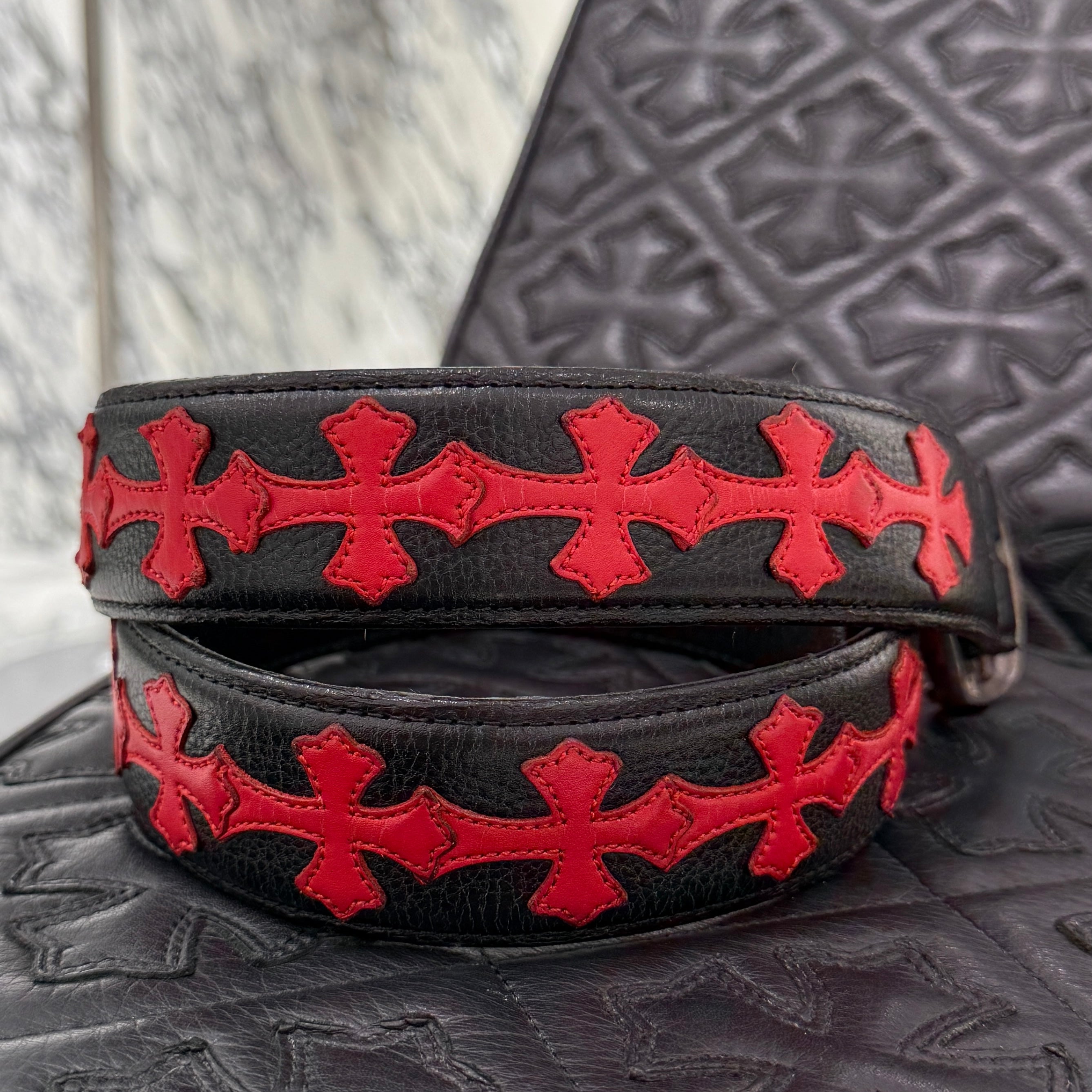 CHROME HEARTS Leather Cross Patch 1.5 Gunslinger Leather Belt Size 32 クロムハーツ レザークロスパッチ 1.5インチ ガンスリンガー レザーベルト サイズ32