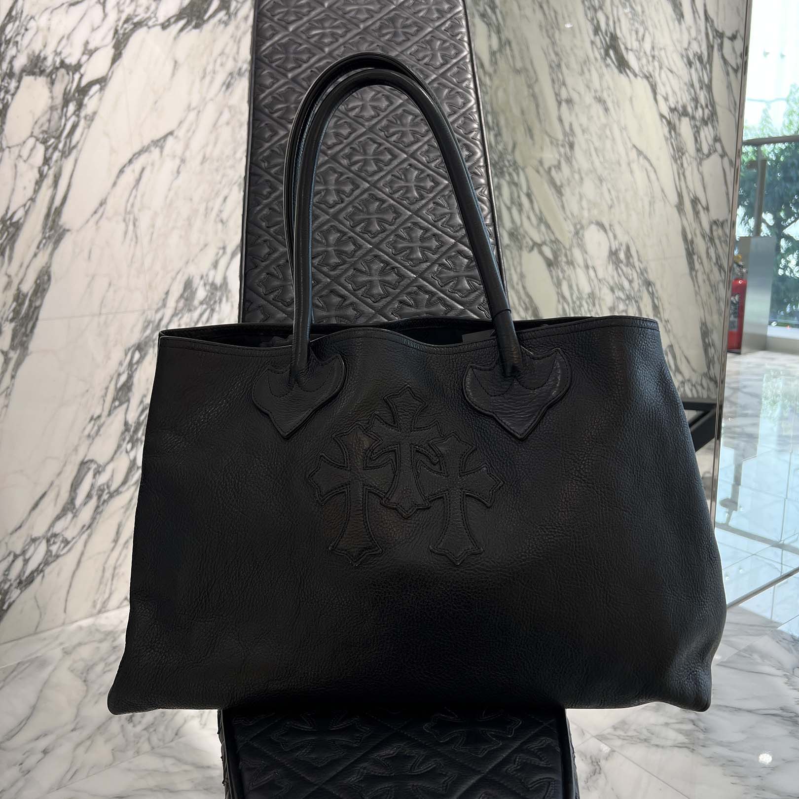 CHROME HEARTS 3 Cemetery Cross Patch FS Leather Tote Bag クロム