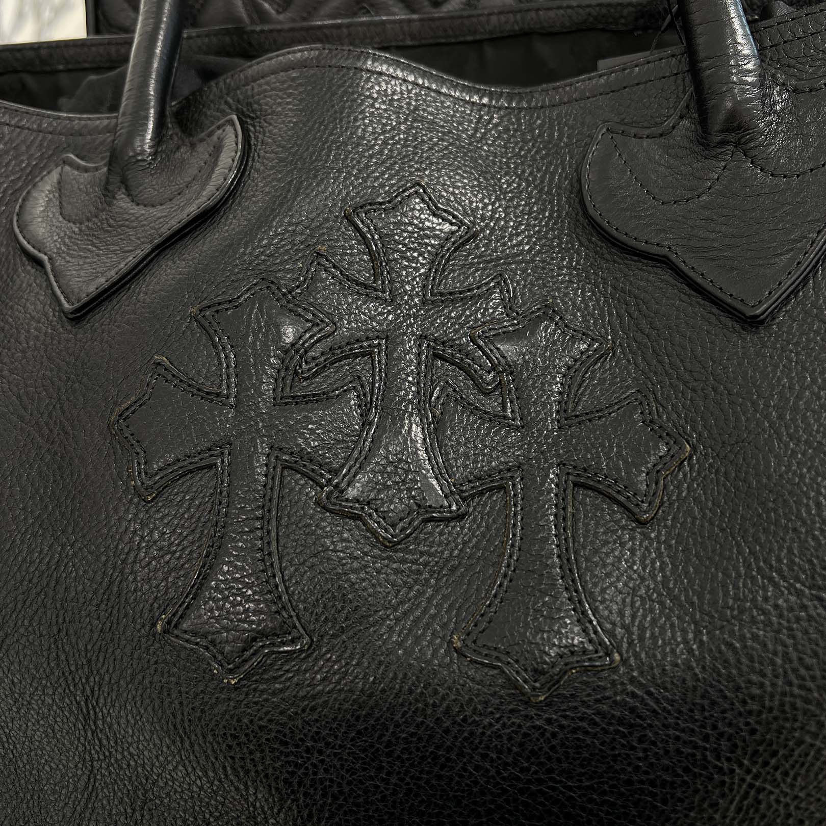 CHROME HEARTS 3 Cemetery Cross Patch FS Leather Tote Bag クロム