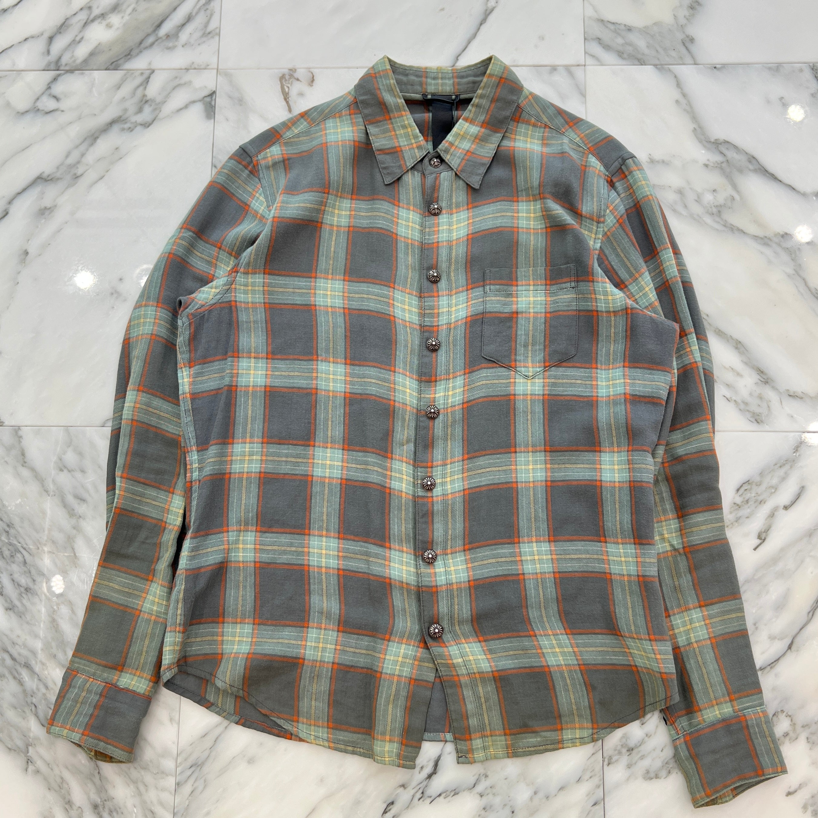 CHROME HEARTS Loose Ends Cross Leather Patch Check Shirt Size S クロムハーツ ルーズエンド レザークロスパッチ チェックシャツ サイズS