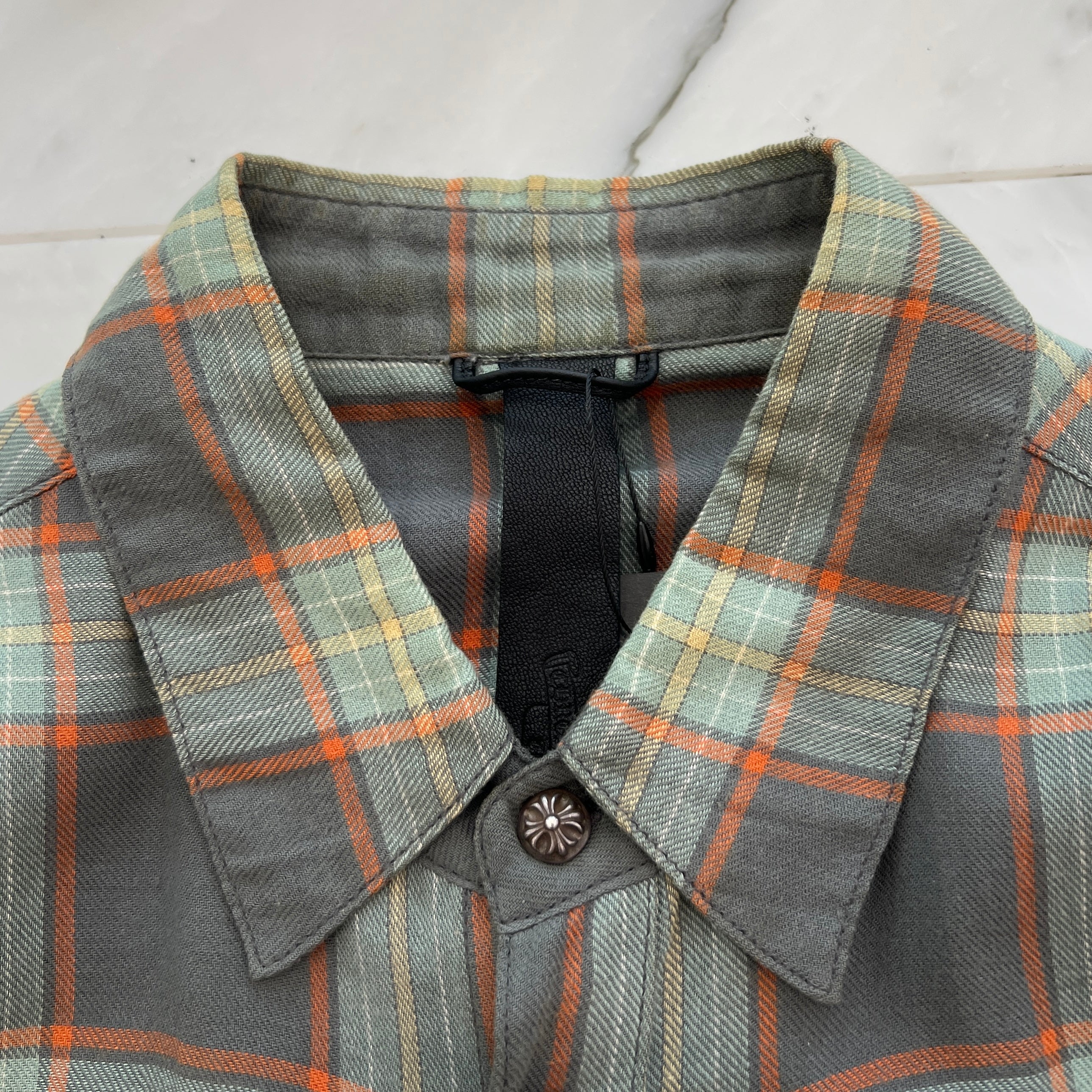 CHROME HEARTS Loose Ends Cross Leather Patch Check Shirt Size S クロムハーツ ルーズエンド レザークロスパッチ チェックシャツ サイズS