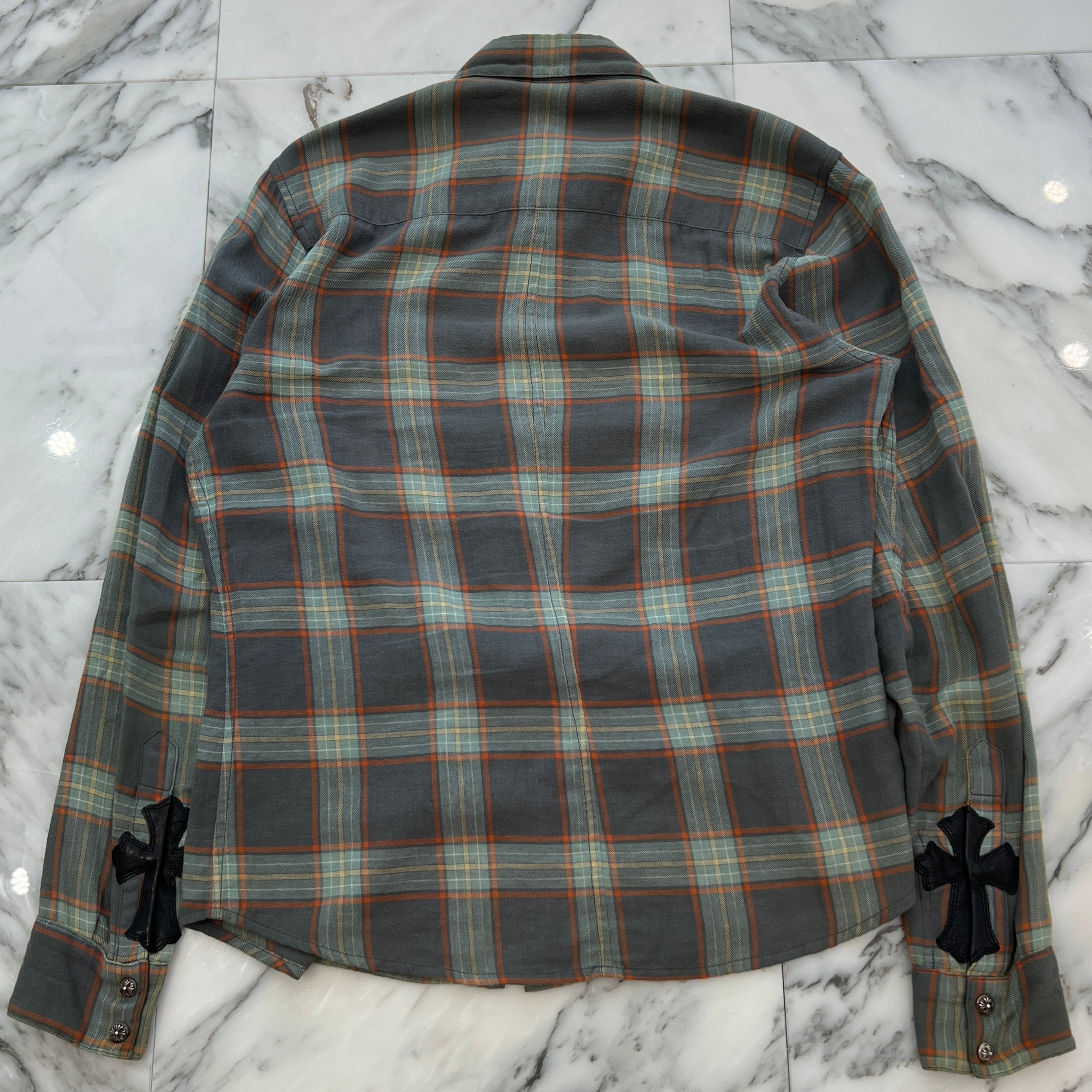 CHROME HEARTS Loose Ends Cross Leather Patch Check Shirt