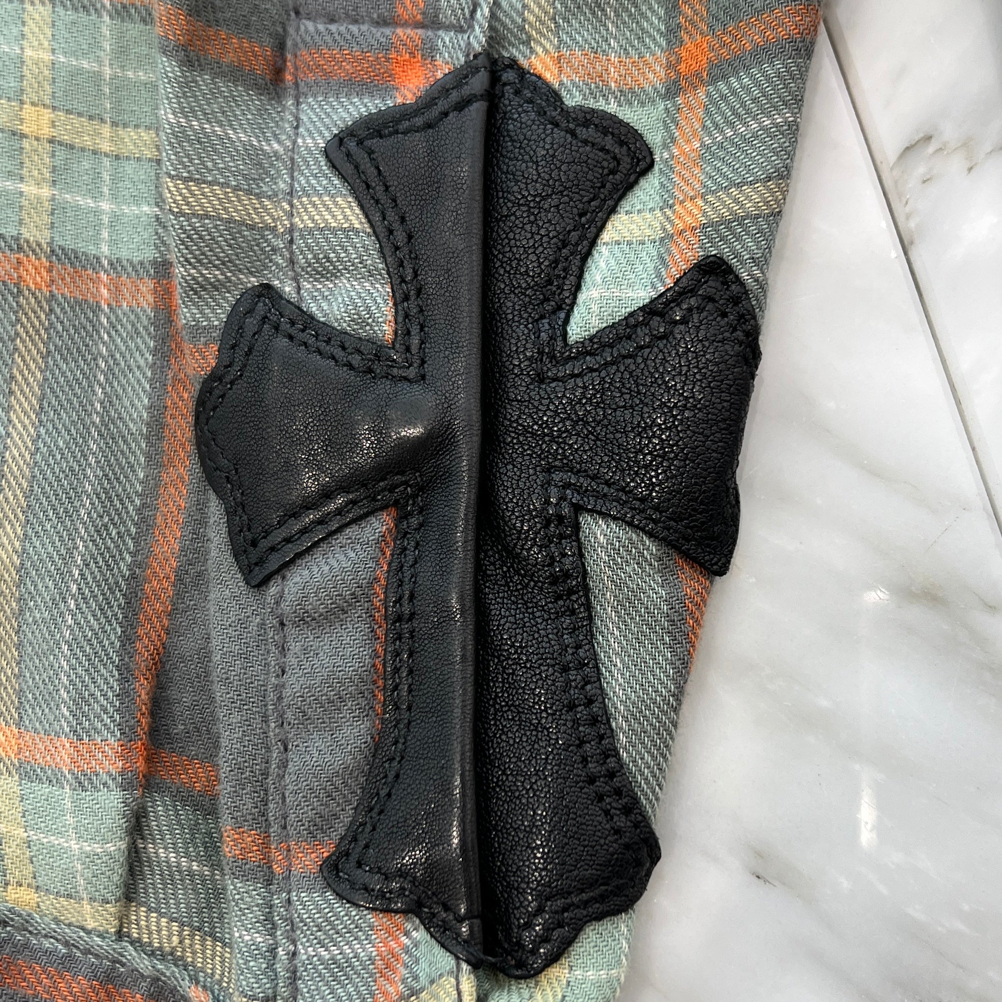 CHROME HEARTS Loose Ends Cross Leather Patch Check Shirt Size S