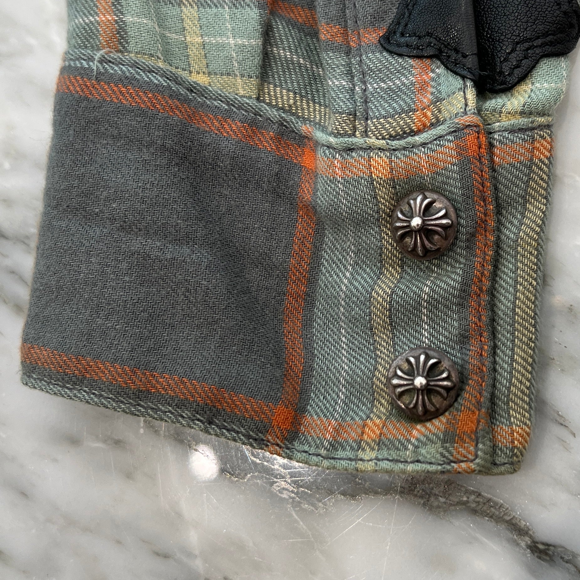 CHROME HEARTS Loose Ends Cross Leather Patch Check Shirt Size S クロムハーツ ルーズエンド レザークロスパッチ チェックシャツ サイズS