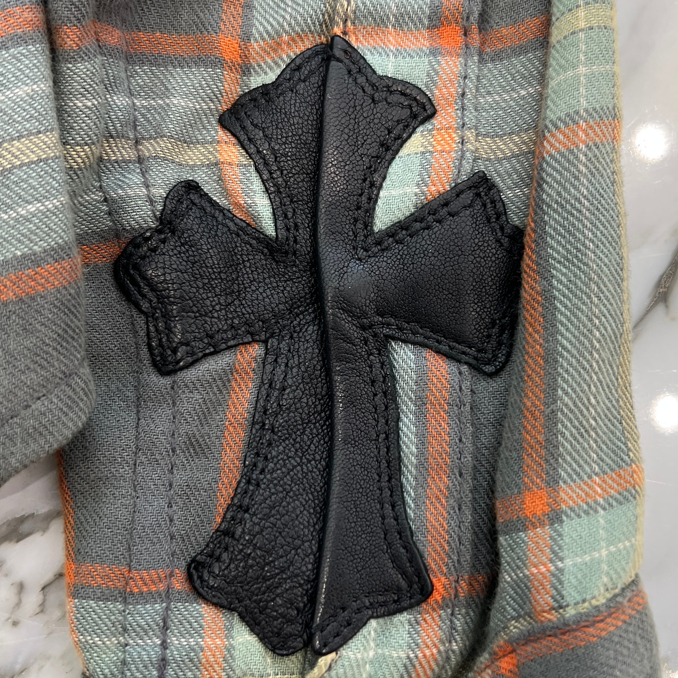 CHROME HEARTS Loose Ends Cross Leather Patch Check Shirt Size S クロムハーツ ルーズエンド レザークロスパッチ チェックシャツ サイズS