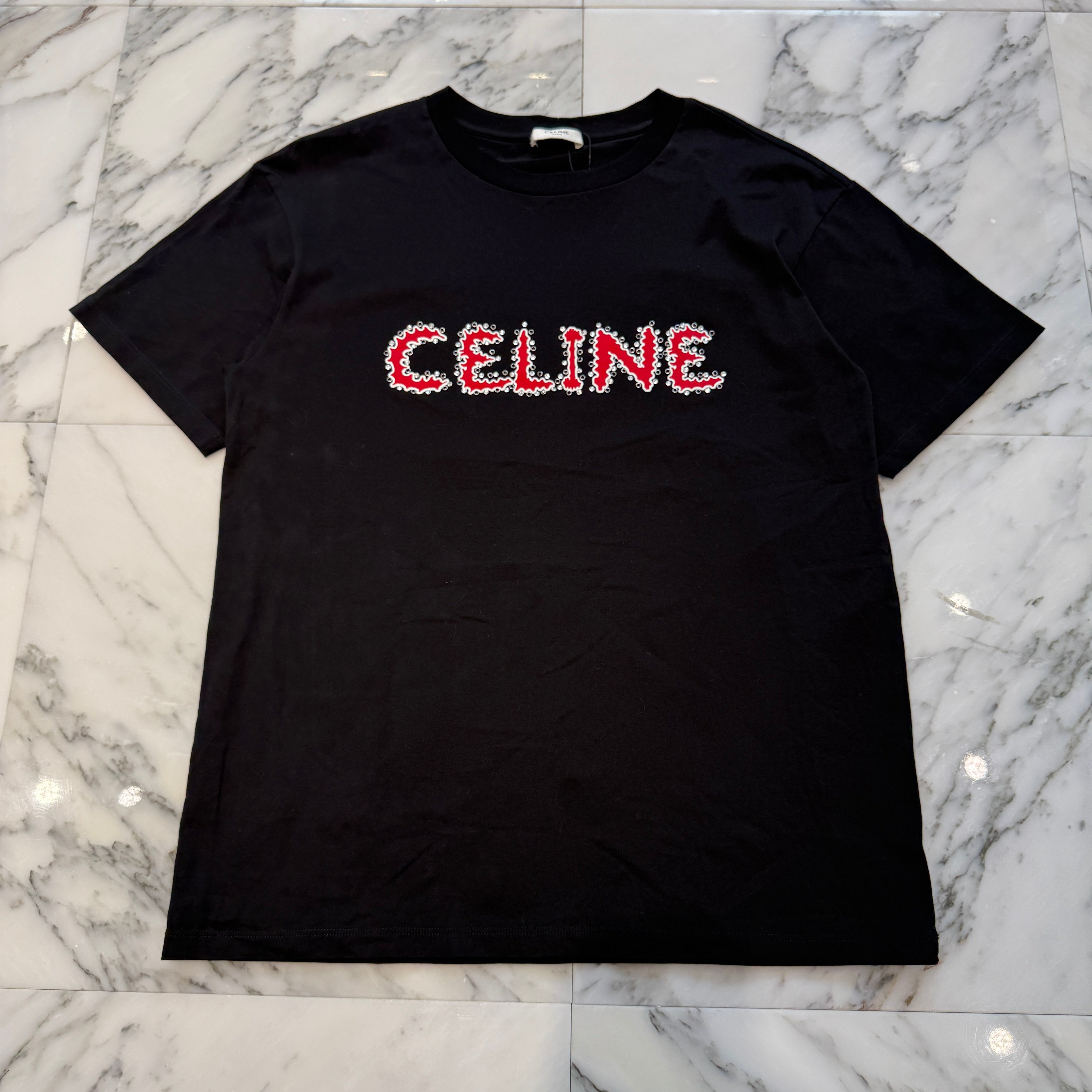 CELINE 2023SS Rhinestone Logo Loose Fit Cotton Tee 2X49F671Q Size XS セリーヌ ラインストーンロゴ ルーズフィット コットンTシャツ サイズXS