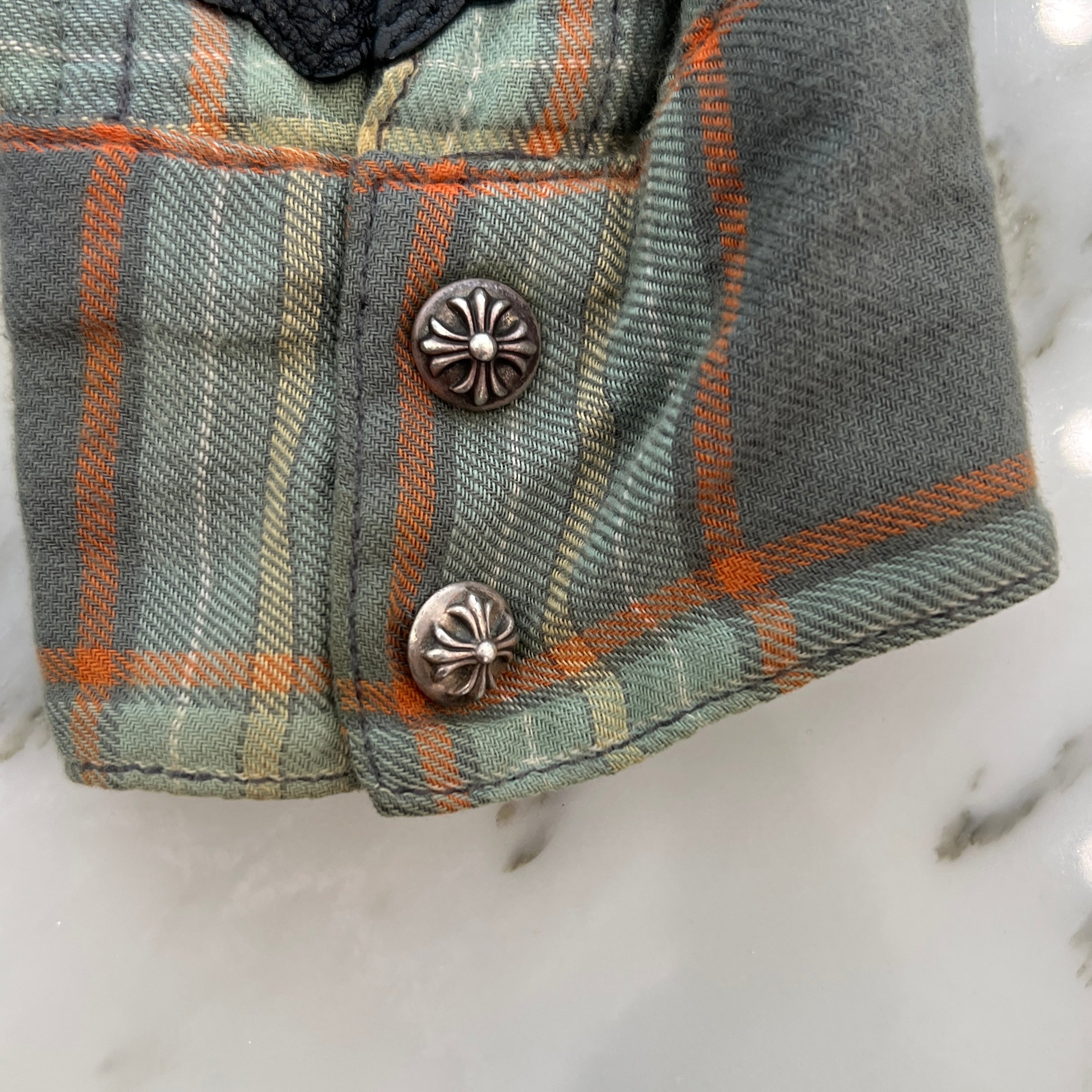 CHROME HEARTS Loose Ends Cross Leather Patch Check Shirt Size S クロムハーツ ルーズエンド レザークロスパッチ チェックシャツ サイズS