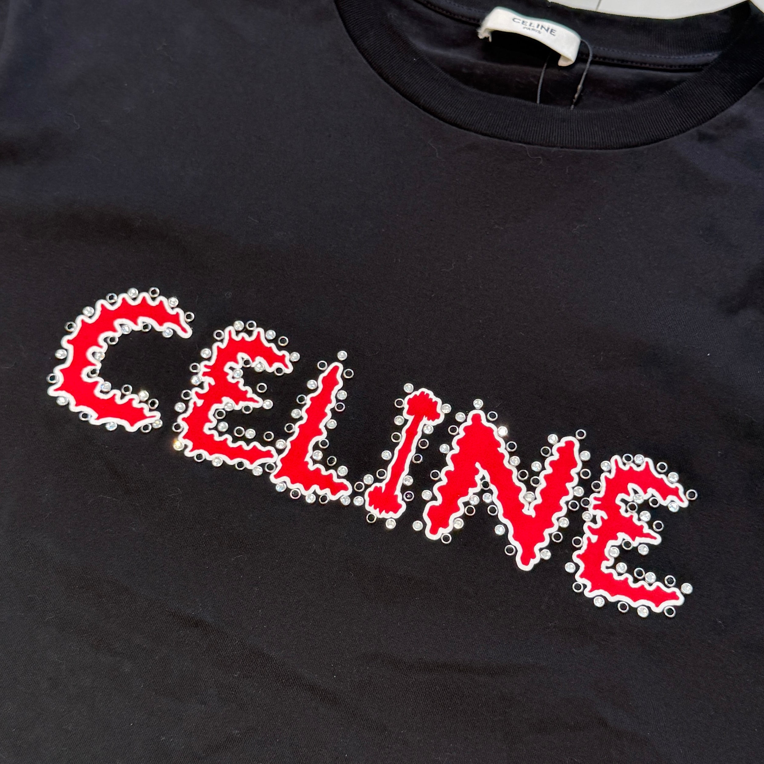 CELINE 2023SS Rhinestone Logo Loose Fit Cotton Tee 2X49F671Q Size XS セリーヌ ラインストーンロゴ ルーズフィット コットンTシャツ サイズXS