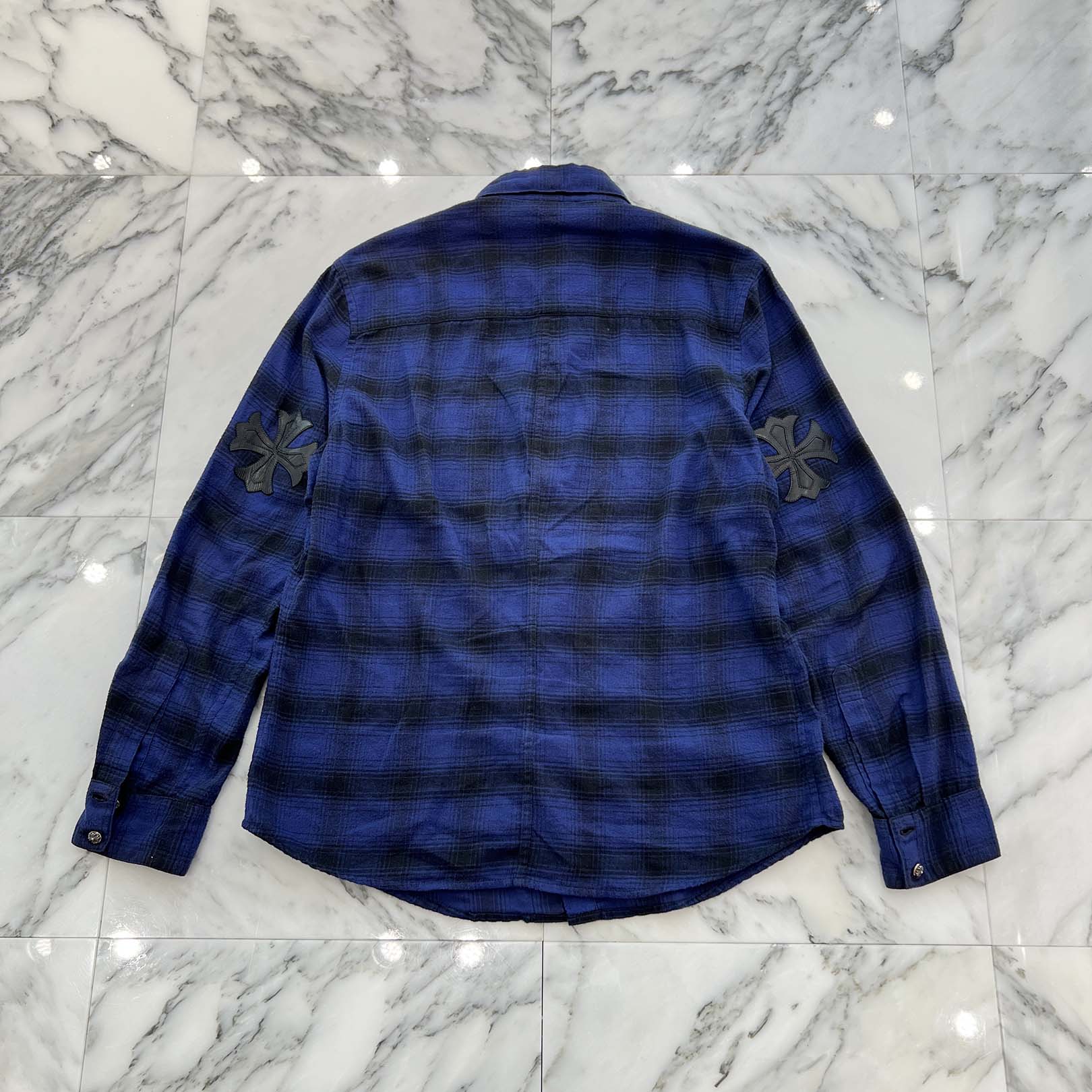 CHROME HEARTS Y NOT CH Plus Leather Patch Flannel Check Shirt Size L クロムハーツ ワイノット CHプラス レザーパッチ フランネル チェックシャツ サイズL