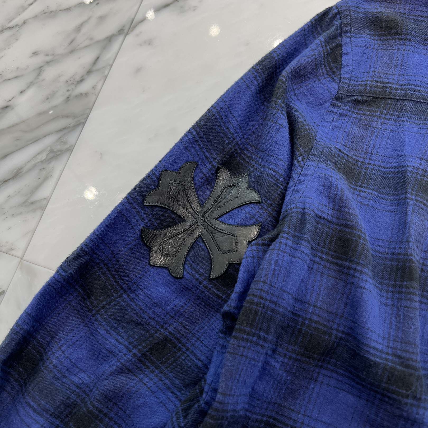 CHROME HEARTS Y NOT CH Plus Leather Patch Flannel Check Shirt Size L クロムハーツ ワイノット CHプラス レザーパッチ フランネル チェックシャツ サイズL