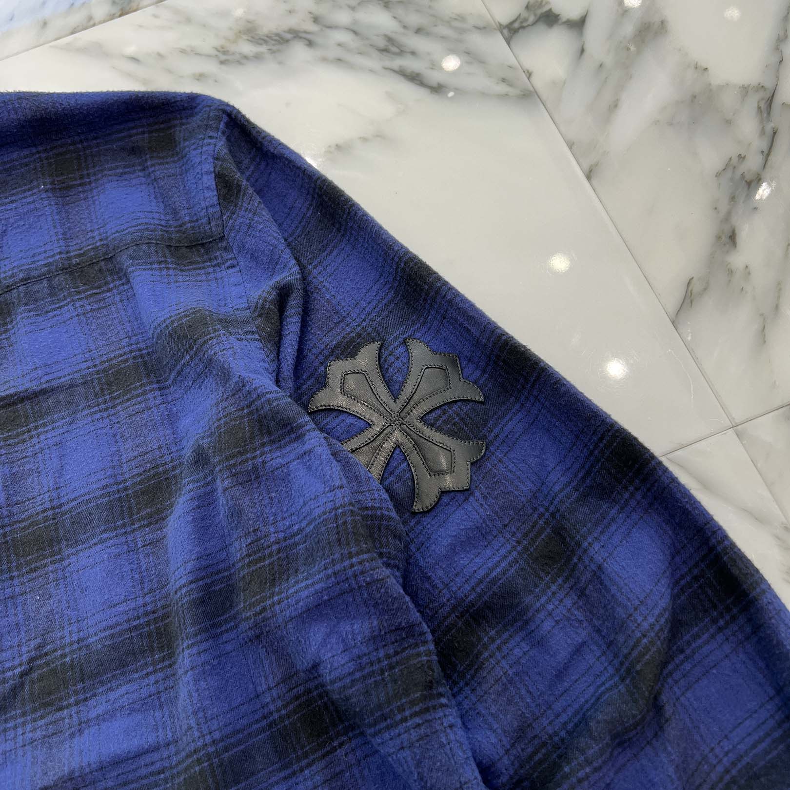 CHROME HEARTS Y NOT CH Plus Leather Patch Flannel Check Shirt Size L クロムハーツ ワイノット CHプラス レザーパッチ フランネル チェックシャツ サイズL