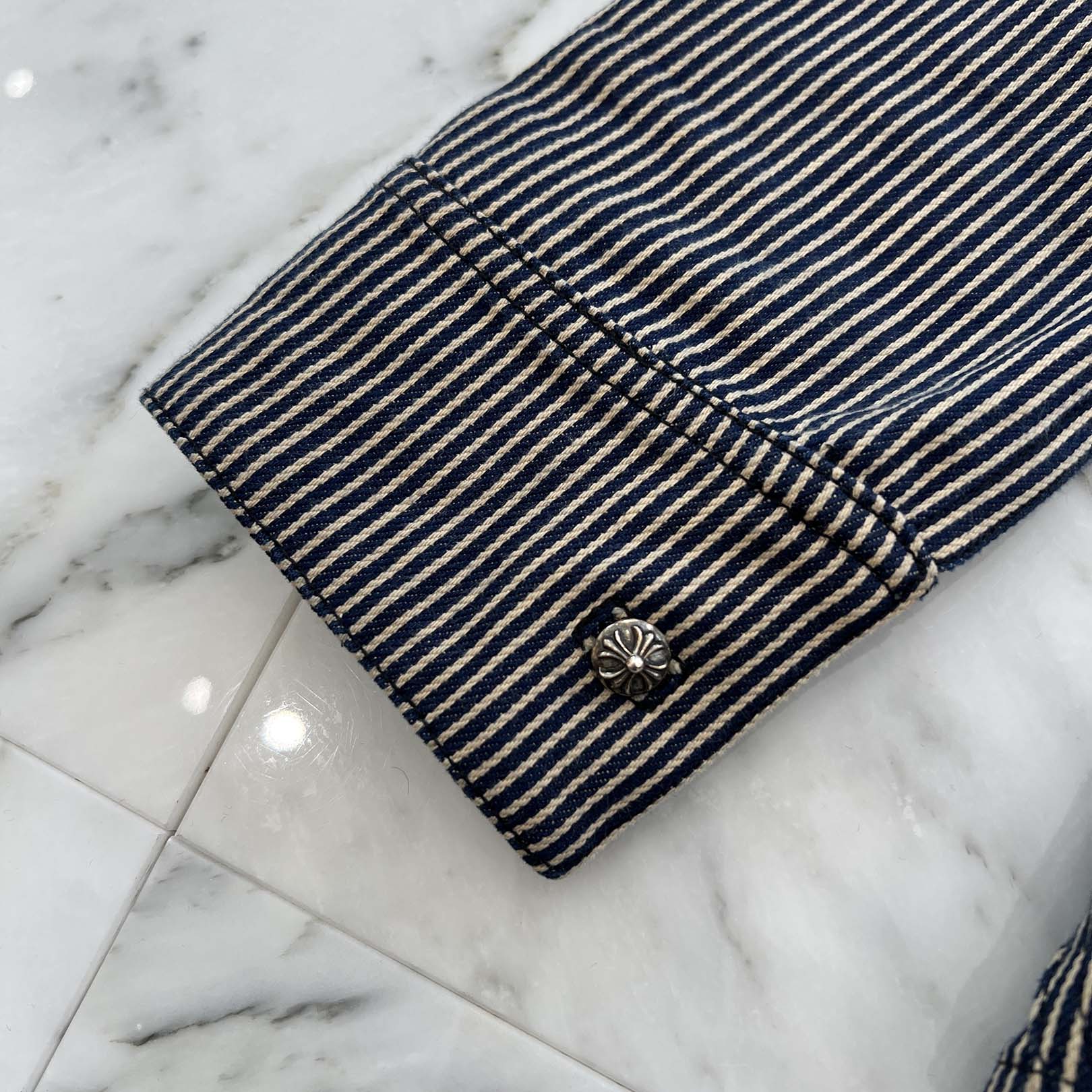 CHROME HEARTS Y NOT WORK DOG Striple Horseshoe Print Cotton Shirt Jacket Size M クロムハーツ ワイノット ワークドグッグ ストライプ ホースシュー プリント コットン シャツジャケット サイズM