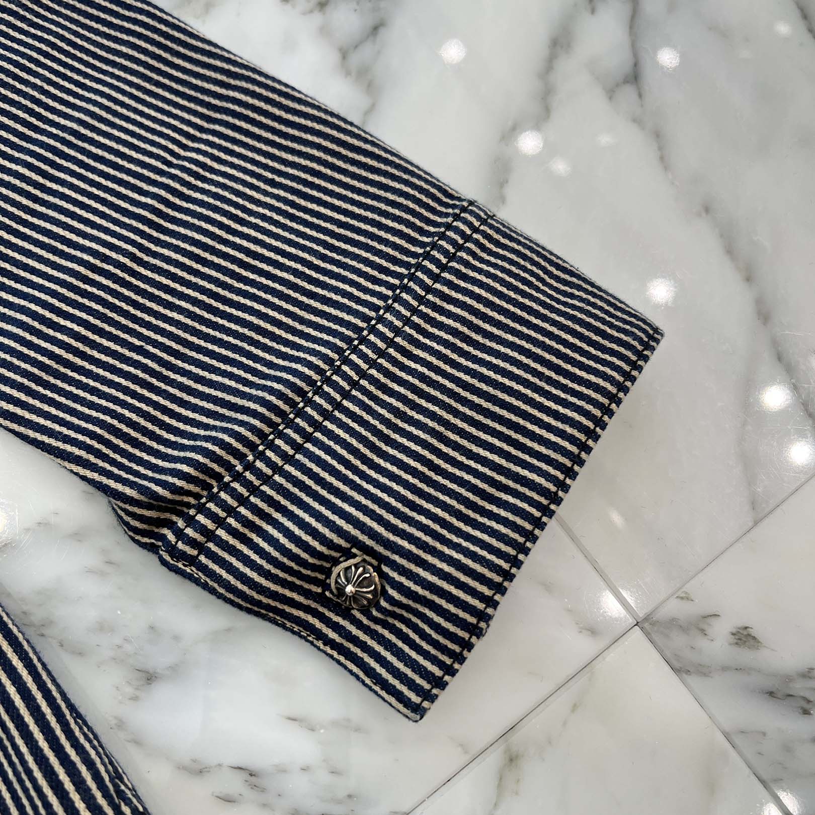 CHROME HEARTS Y NOT WORK DOG Striple Horseshoe Print Cotton Shirt Jacket Size M クロムハーツ ワイノット ワークドグッグ ストライプ ホースシュー プリント コットン シャツジャケット サイズM