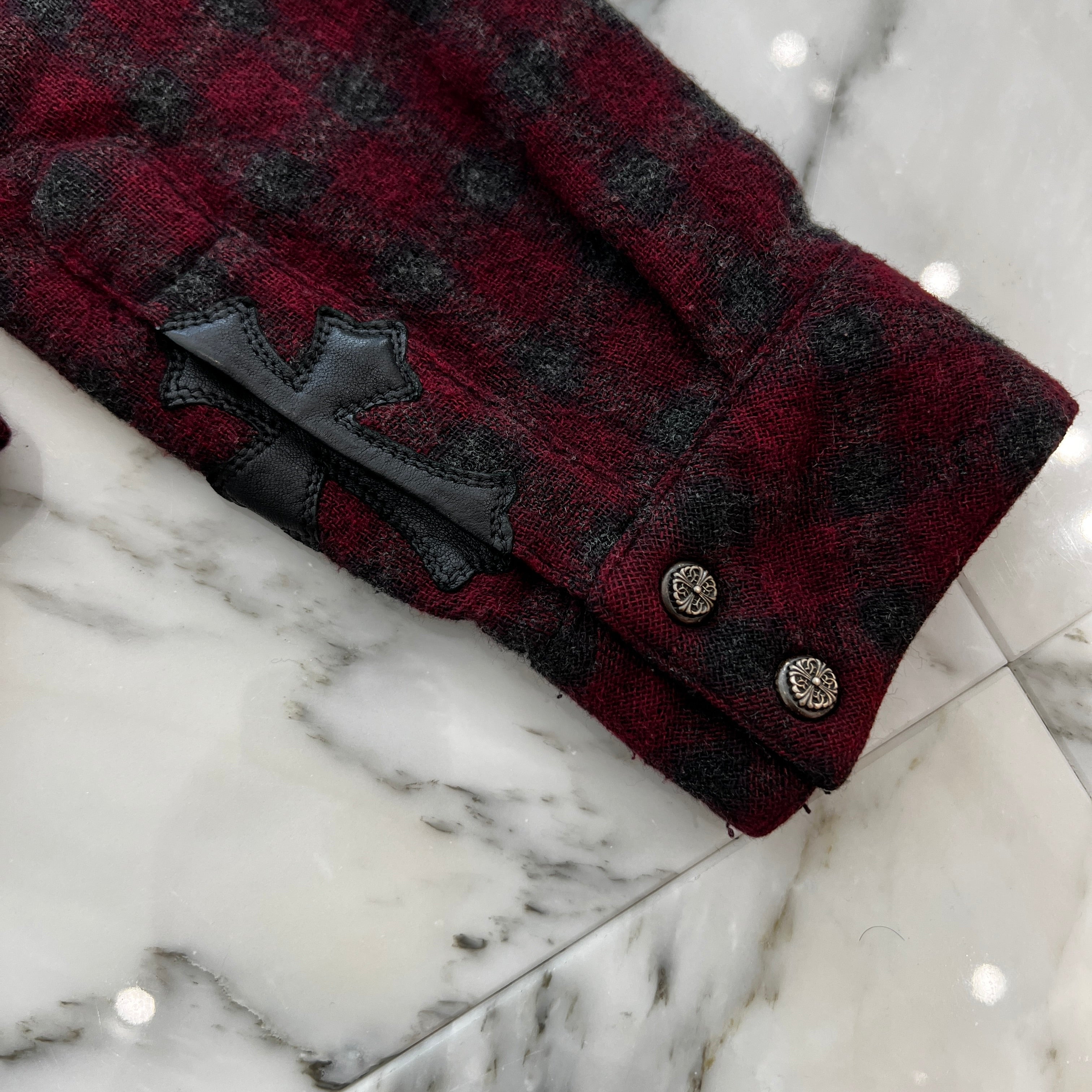 CHROME HEARTS Cross Ball Button Viscose Wool Check Shirt Jacket Size M クロムハーツ クロスボールボタン ビスコース ウール チェックシャツ ジャケット サイズM