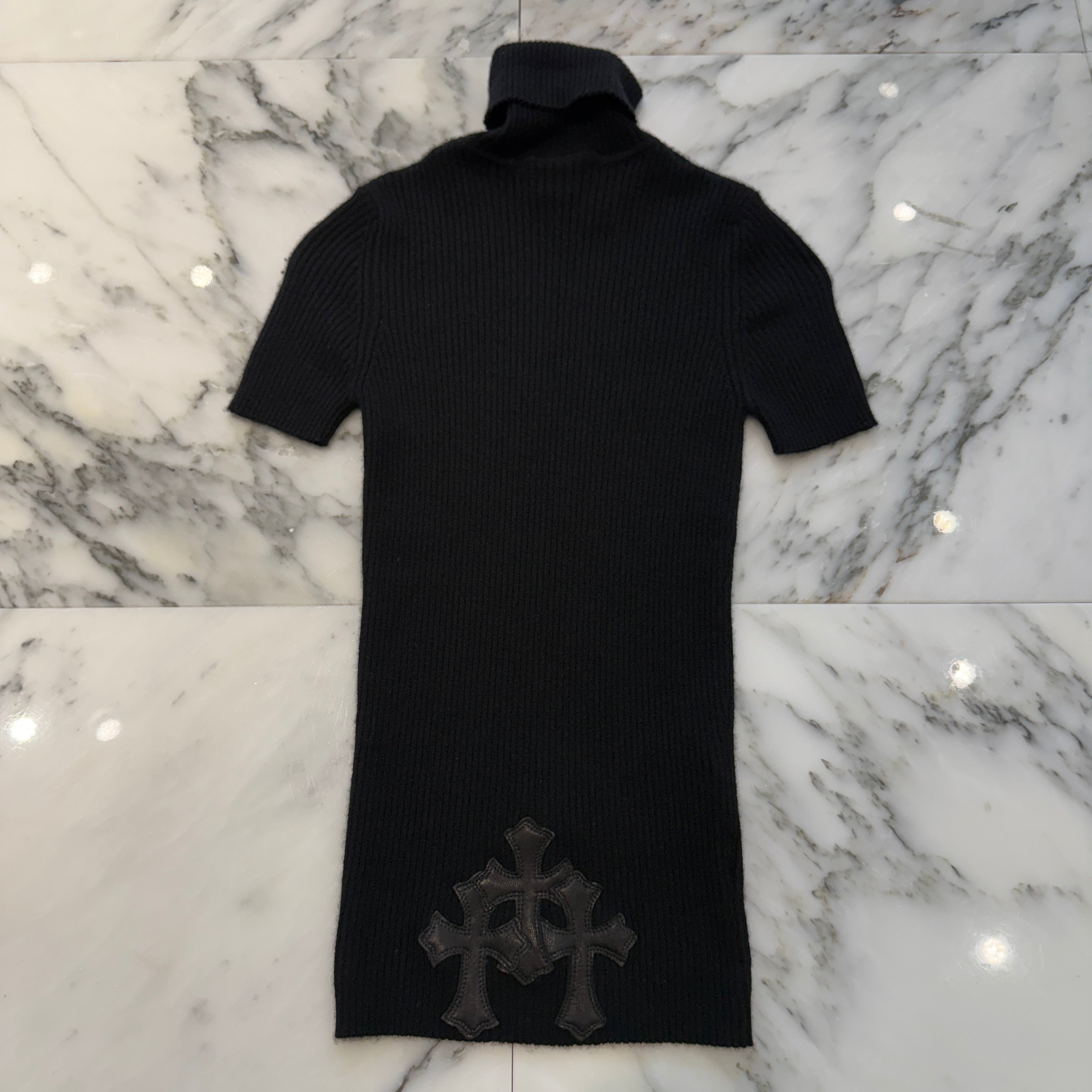 CHROME HEARTS Y NOT Triple Cross Leather Patch Cashmere Short Sleeve Knit Dress Size S クロムハーツ ワイノット トリプルクロスレザーパッチ カシミア ショートスリーブニット ワンピース サイズS